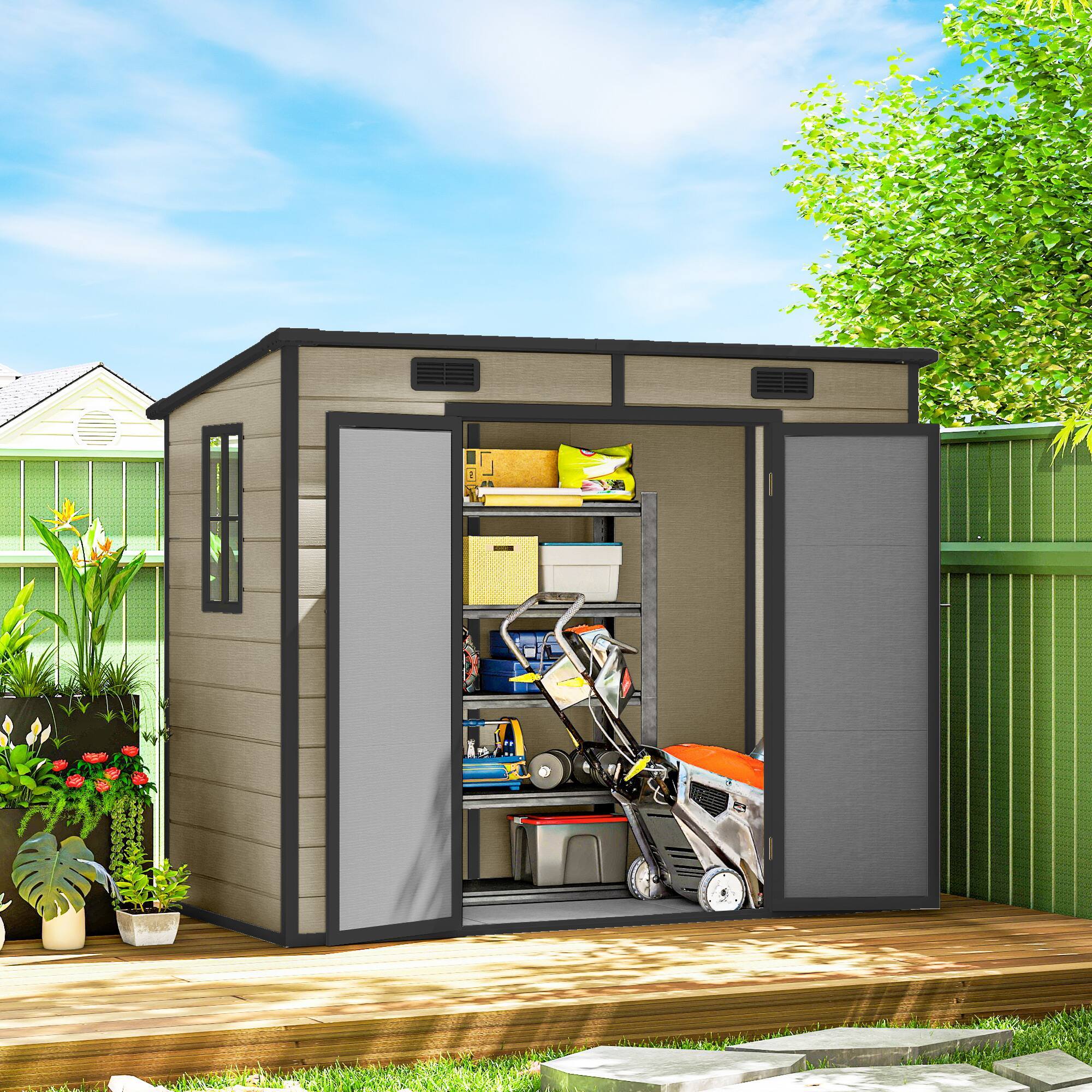 Alt View 1. Outsunny - x 4' Plastic Outdoor Storage Shed with Floor, Window, Lockable Doors and Vents for Backyard Patio Lawn - Light brown.