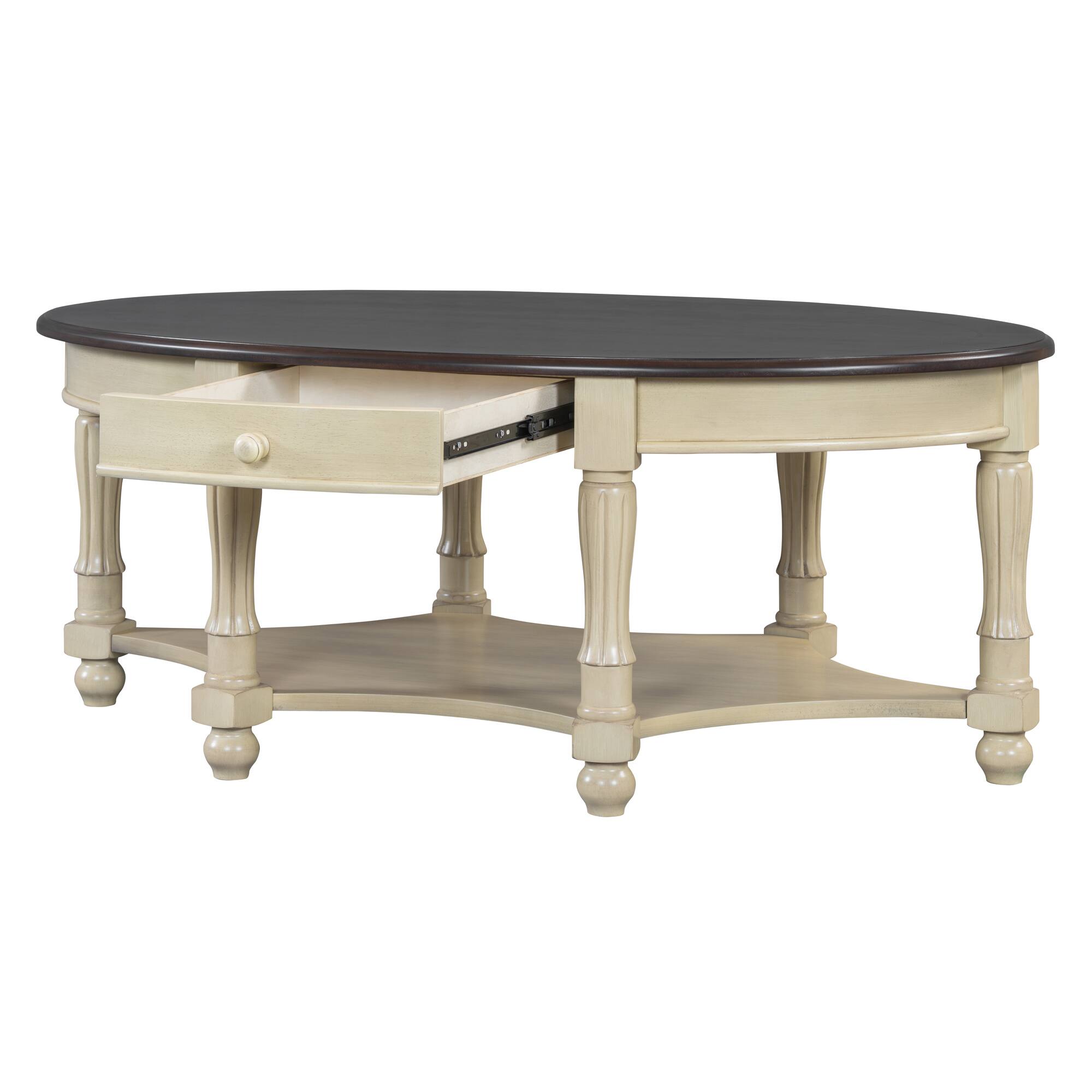 Back. Lirago - 45" Vintage Oval Coffee Table French Country Style Beige Cherry Finish with Drawer Lower Storage Shelf - Beige.