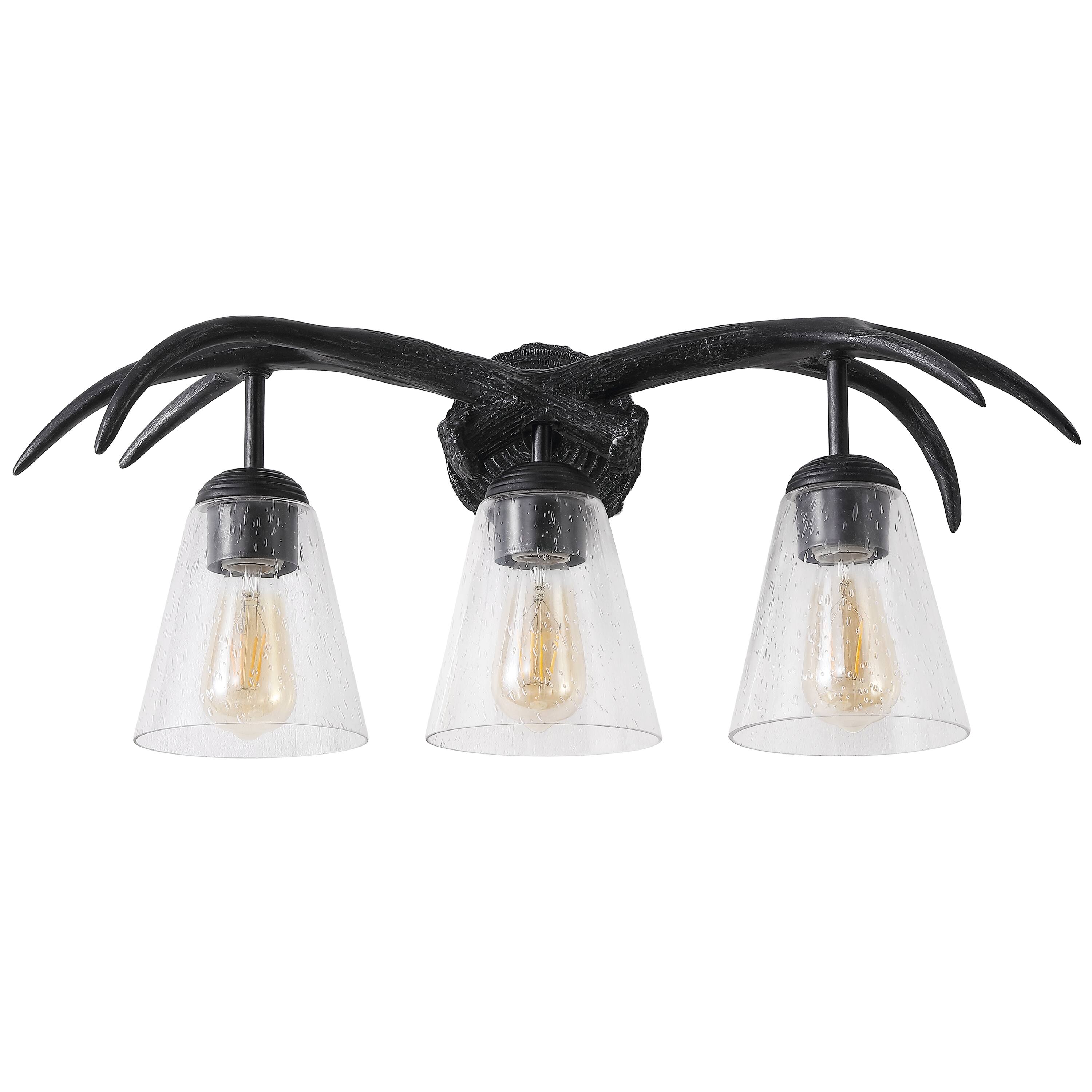 Alt View 8. Jonathan Y - Wyatt 25.5" 3-Light Southwestern Bohemian Resin/Seeded Glass Faux Antler LED Vanity Light, Antique Black Wood Finish - Antique Black.