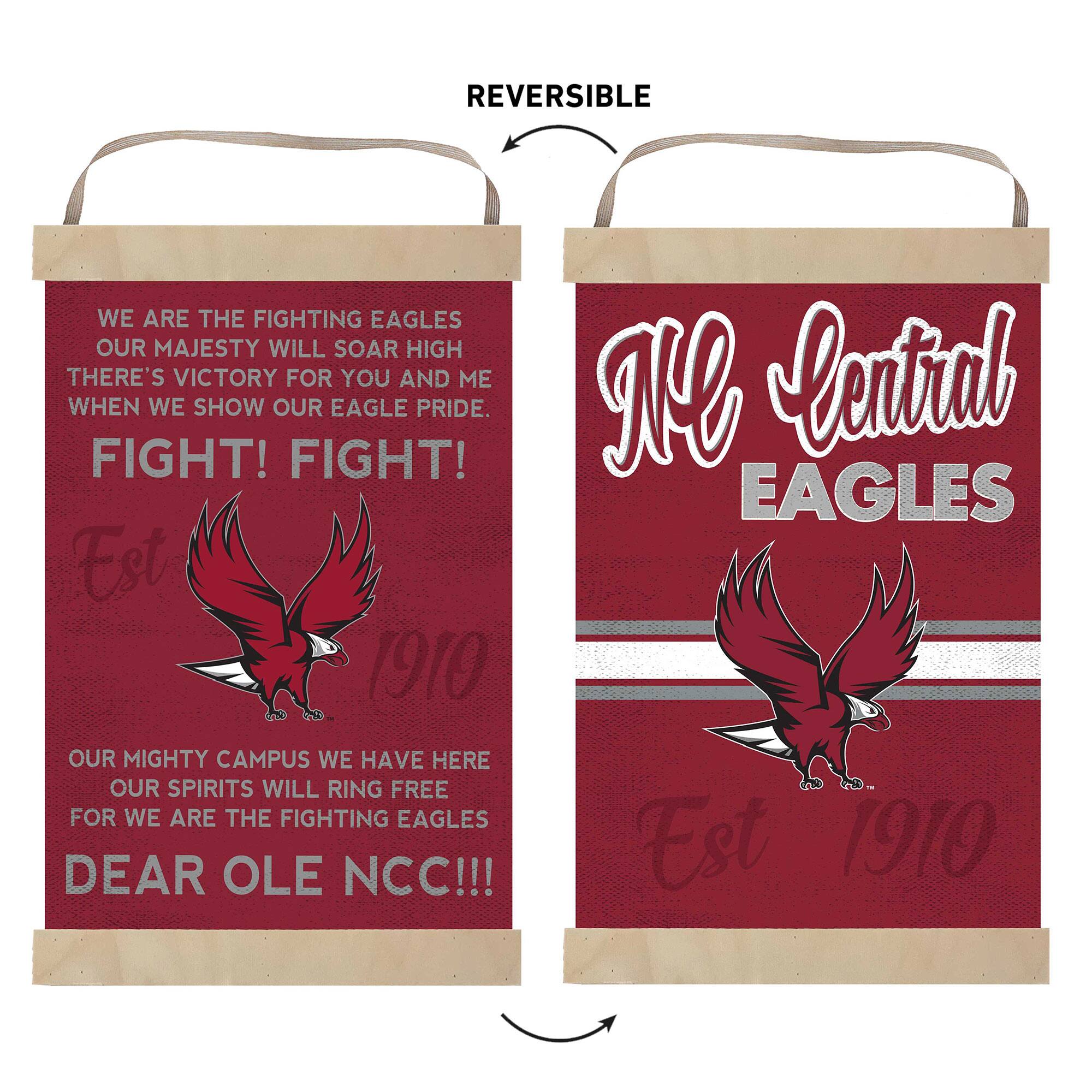 **Front Side:**

WE ARE THE FIGHTING EAGLES  
OUR MAJESTY WILL SOAR HIGH  
THERE'S VICTORY FOR YOU AND ME  
WHEN WE SHOW OUR EAGLE PRIDE.  
FIGHT! FIGHT!  

Est 1910  

OUR MIGHTY CAMPUS WE HAVE HERE  
OUR SPIRITS WILL RING FREE  
FOR WE ARE THE FIGHTING EAGLES  
DEAR OLE NCC!!!  

**Back Side:**

NCC Central  
EAGLES  

Est 1910  

REVERSIBLE