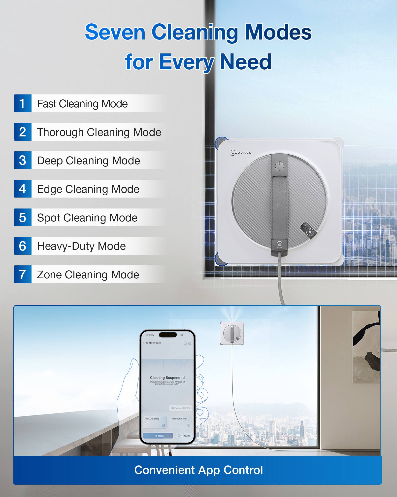 Seven Cleaning Modes for Every Need

1. Fast Cleaning Mode
2. Thorough Cleaning Mode
3. Deep Cleaning Mode
4. Edge Cleaning Mode
5. Spot Cleaning Mode
6. Heavy-Duty Mode
7. Zone Cleaning Mode

Cleaning Suspended

Convenient App Control