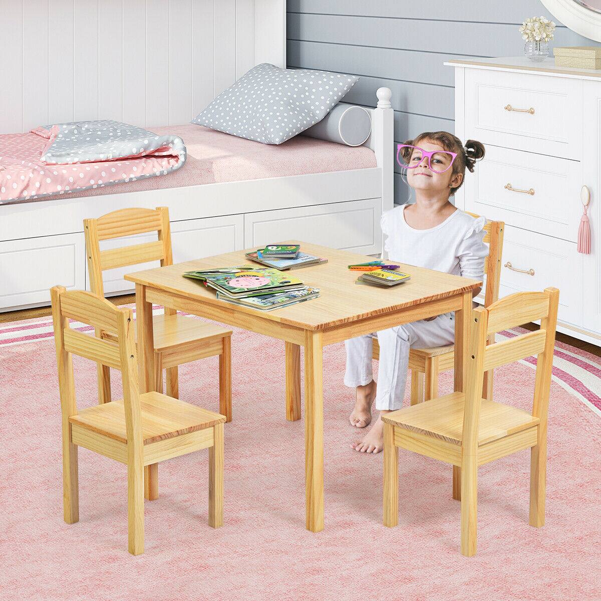 Alt View 3. Gymax - Gymax Kids 5 Piece Table Chair Set Pine Wood Children Play Room Furniture Natural - Natural.
