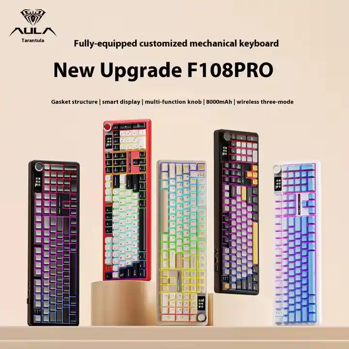 AULA Tarantula  
Fully-equipped customized mechanical keyboard  
New Upgrade F108PRO  

Gasket structure | smart display | multi-function knob | 8000mAh | wireless three-mode