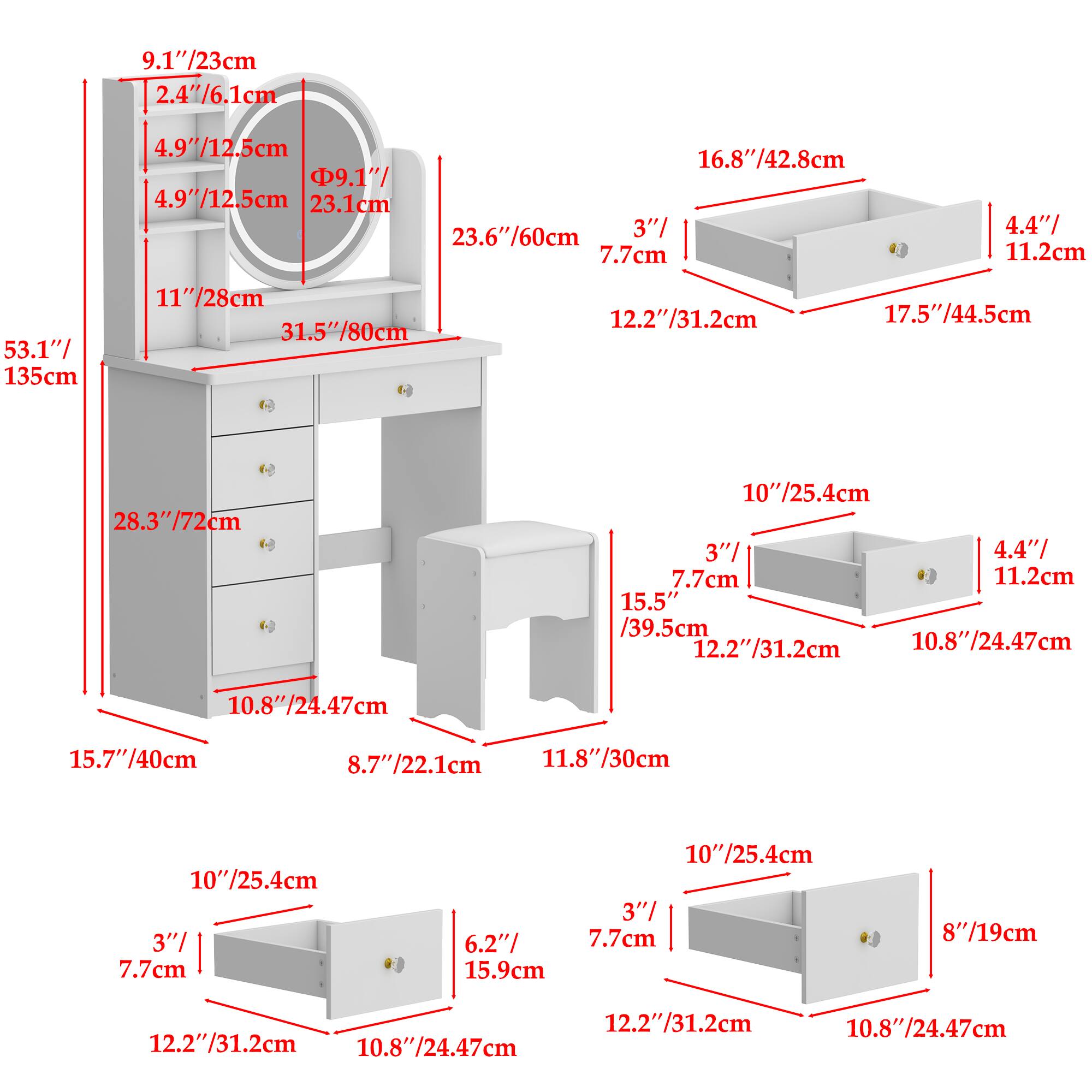Here is the corrected and grouped text from the image:

- 9.1"/23cm
- 2.4"/6.1cm
- 4.9"/12.5cm
- 9.1"/23.1cm
- 23.6"/60cm
- 3"/7.7cm
- 4.4"/11.2cm
- 53.1"/135cm
- 11"/28cm
- 31.5"/80cm
- 12.2"/31.2cm
- 17.5"/44.5cm
- 28.3"/72cm
- 10"/25.4cm
- 3"/7.7cm
- 11.2cm
- 15.5"/39.5cm
- 12.22"/31.2cm
- 10.8"/24.47cm
- 15.7"/40cm
- 8.77"/22.1cm
- 11.8"/30cm
- 3"/6.2"/7.7cm
- 15.9cm
- 8"/19cm
- 12.22"/31.2cm
- 10.8"/24.47cm

Note: Some measurements are repeated or have slight variations, but they are grouped as they appear in the image.