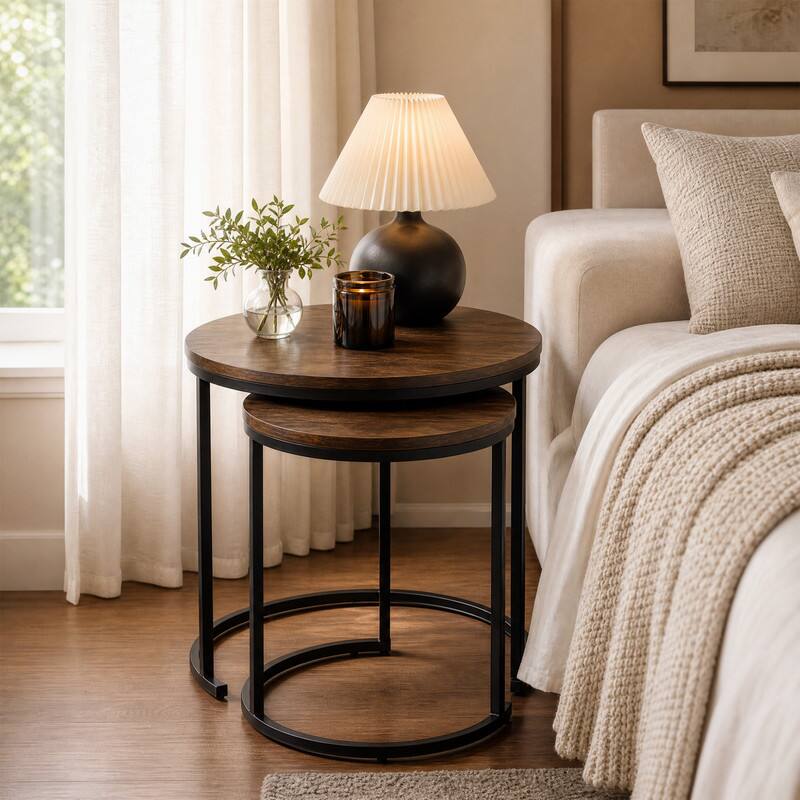 Angle. WELLFOR - Modern Nesting Coffee Table Set of 2, 24 in Round Coffee Table for Small Place, End Side Tables Night Stand - Rustic Brown.