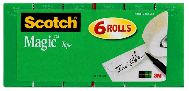 Push to Open
Scotch Magic Tape
6 Rolls
Invisible
MADE IN THE USA
3M
34-8704-6642-1