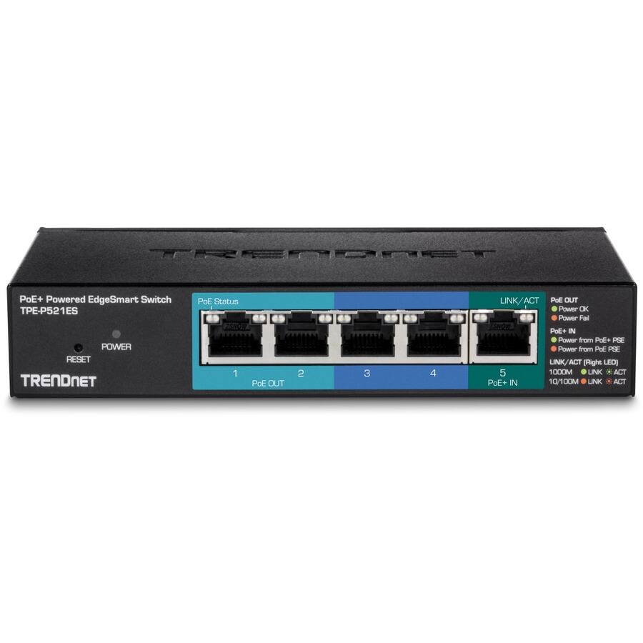 TRENDNET  
PoE+ Powered EdgeSmart Switch - TPE-P521ES  
PoE Status  
LINK/ACT PoE OUT Power OK Power Fail  
POWER RESET TRENDNET  
1 PoE OUT  
2  
3  
4  
5 PoE+ IN  
PoE+ IN Power from PoE+ PSE Power from PoE PSE  
LINK/ACT [Right LED] 1000M LINK ACT 10/100M LINK ACT