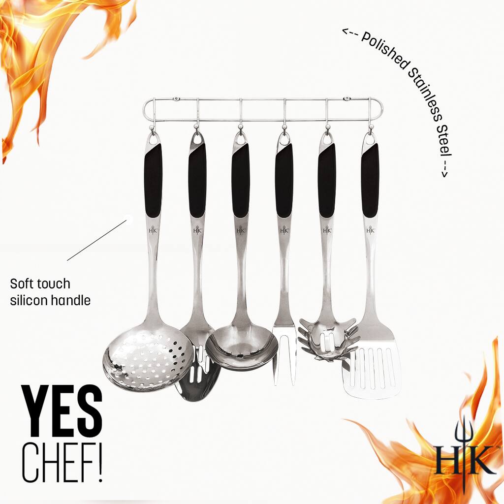 - Polished Stainless Steel
- Soft touch silicon handle
- YES CHEF!
- HK
