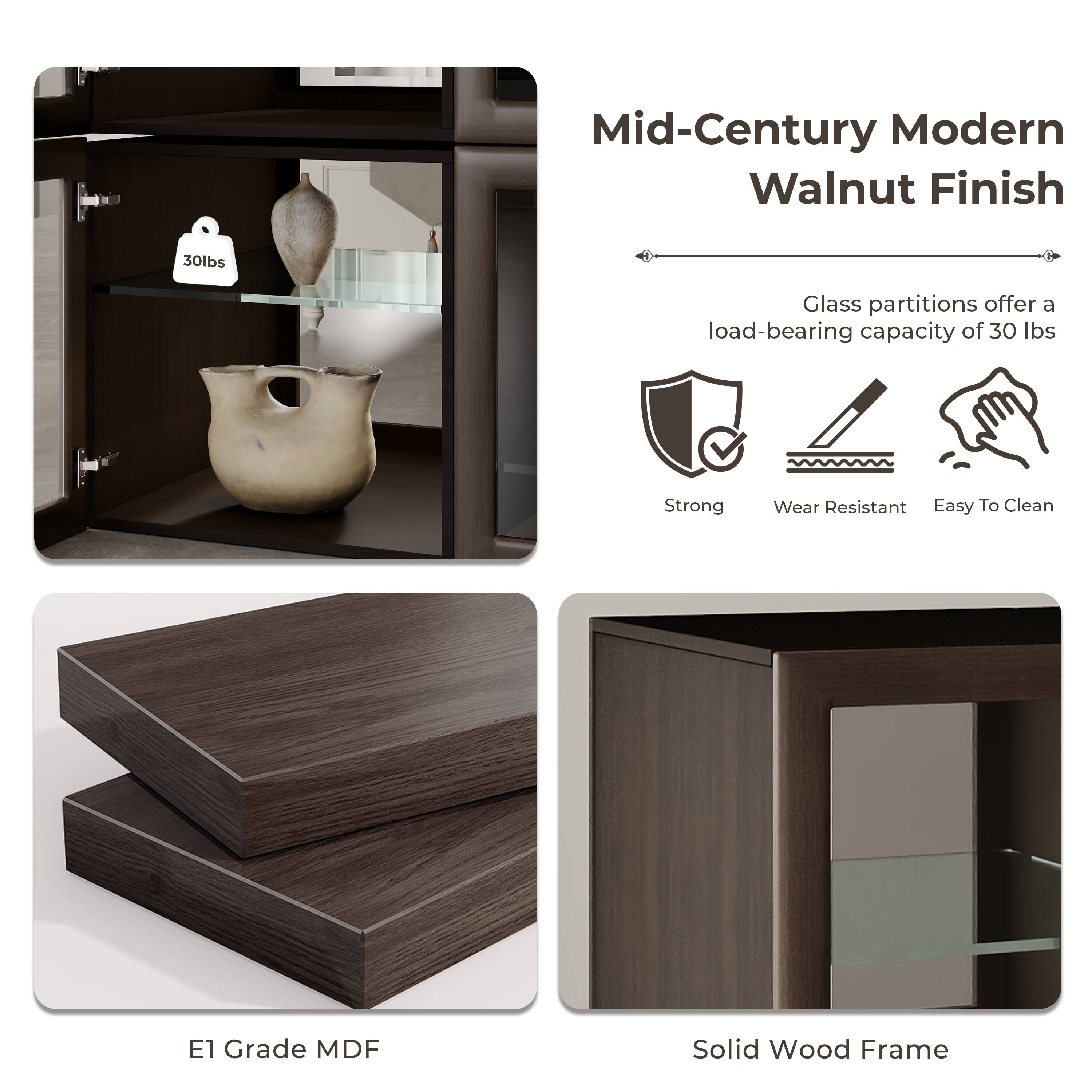 Mid-Century Modern Walnut Finish

Glass partitions offer a load-bearing capacity of 30 lbs

Strong
Wear Resistant
Easy To Clean

E1 Grade MDF

Solid Wood Frame