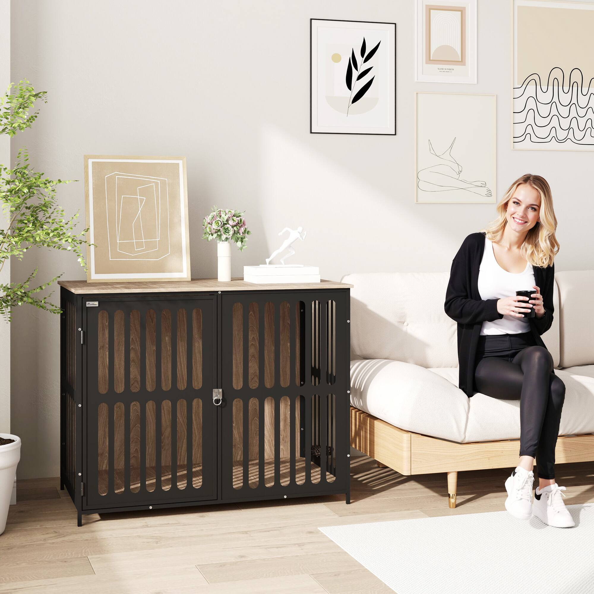 Alt View 5. Pawhut - Dog Crate Furniture, 39" End Side Table, Anti-Chew Mesh, Anti-Escape Door, Heavy Duty, Large Dogs.