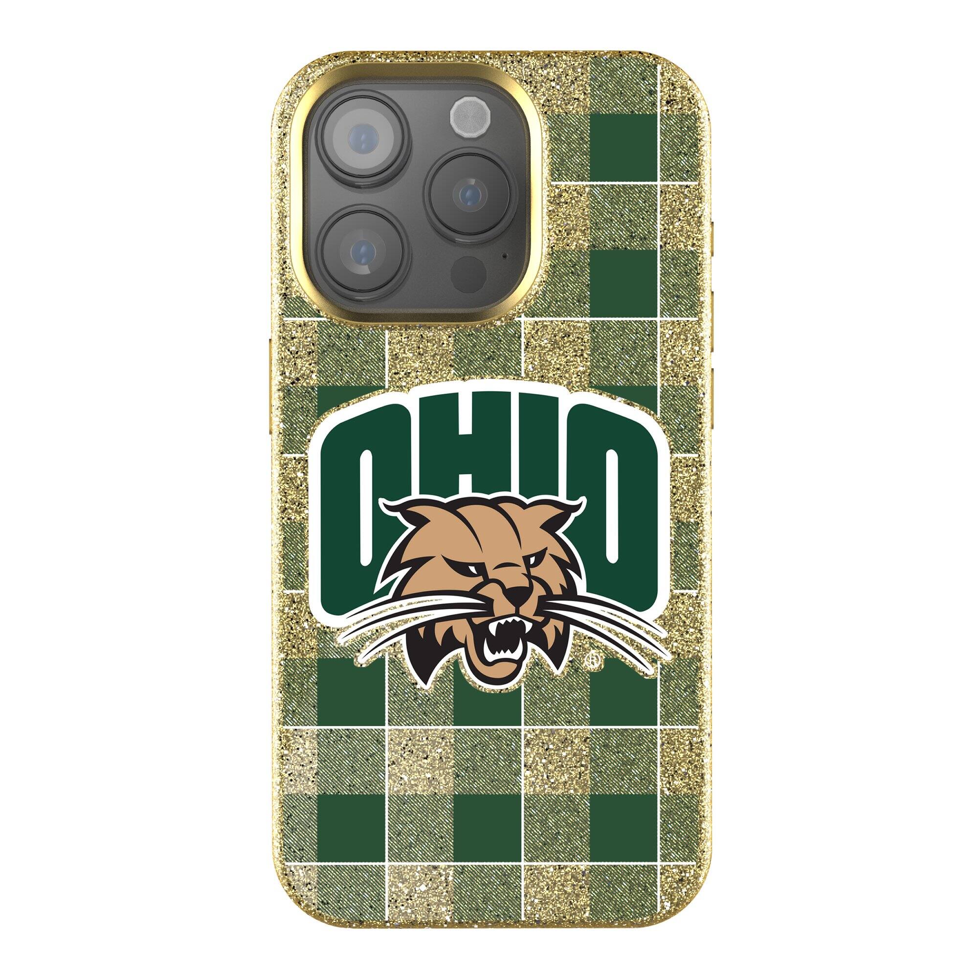 Front. Keyscaper - Ohio Bobcats Plaid Bling iPhone Case - 15 - Gold.