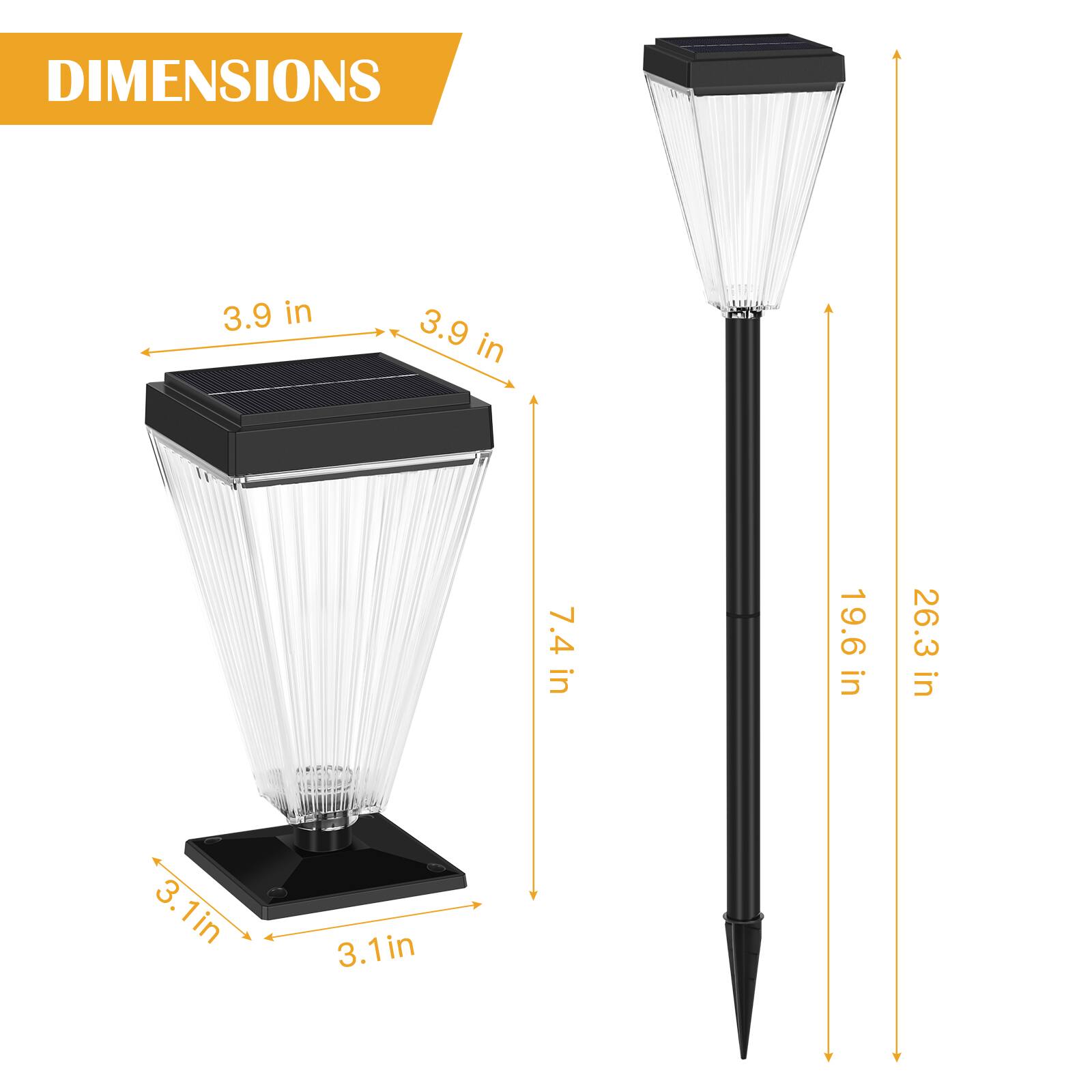 DIMENSIONS  
3.9 in x 3.9 in x 7.4 in  
19.6 in  
26.3 in  
3.1 in x 3.1 in