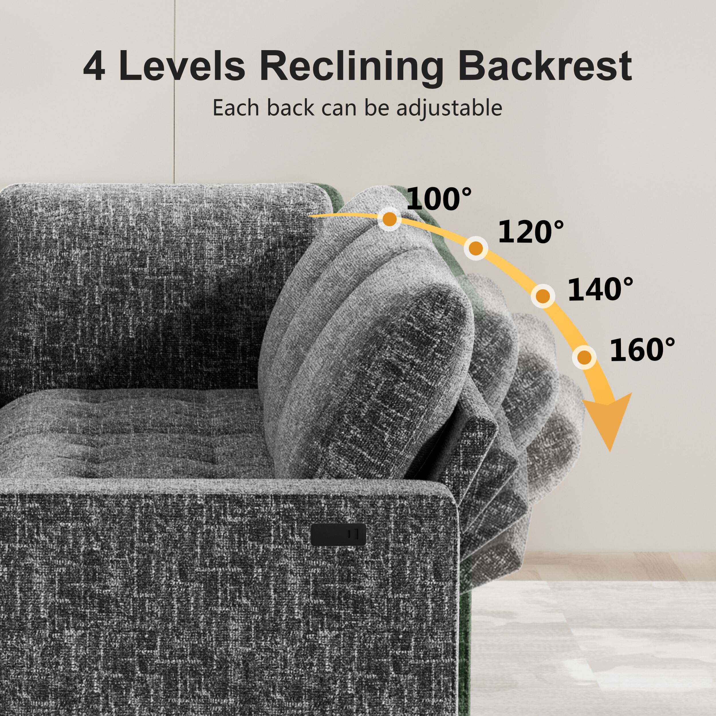 4 Levels Reclining Backrest  
Each back can be adjustable  
100°  
120°  
140°  
160°