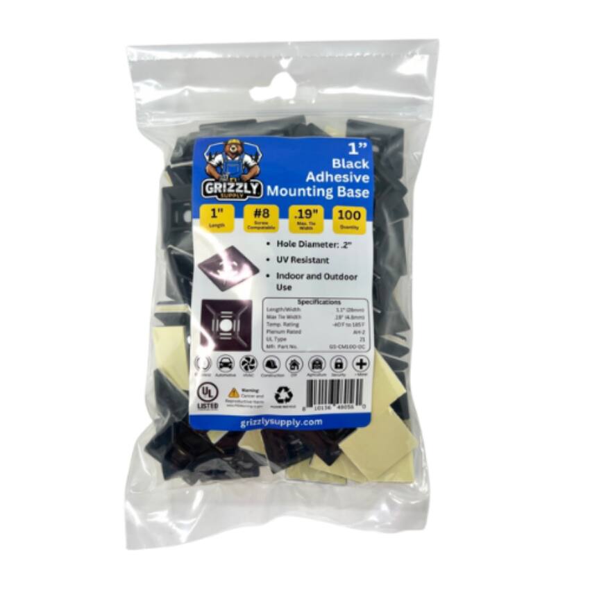 1" Black Adhesive GRIZZLY Mounting Base SUPPLY 1" #8 .19" 100 - Each Hole Diameter: 2" UV Resistant Indoor and Outdoor Use Specifications Ueph/wan LP - The IN Temp Raring 40T - LS Pum Rated OE Tupe a M Part as CML00 + UL LISTED L01T6 a0. grizzlysupply.com