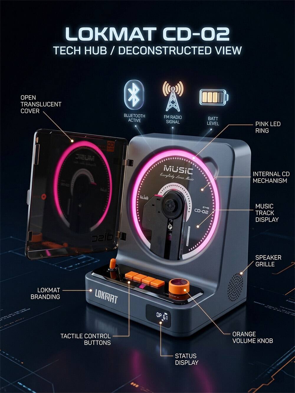 LOKMAT CD-02 TECH HUB / DECONSTRUCTED VIEW

- OPEN TRANSLUCENT COVER
- BLUETOOTH ACTIVE
- FM RADIO SIGNAL
- BATT LEVEL
- PINK LED RING
- INTERNAL CD MECHANISM
- MUSIC TRACK DISPLAY
- SPEAKER GRILLE
- LOKMAT BRANDING
- TACTILE CONTROL BUTTONS
- ORANGE VOLUME KNOB
- STATUS DISPLAY