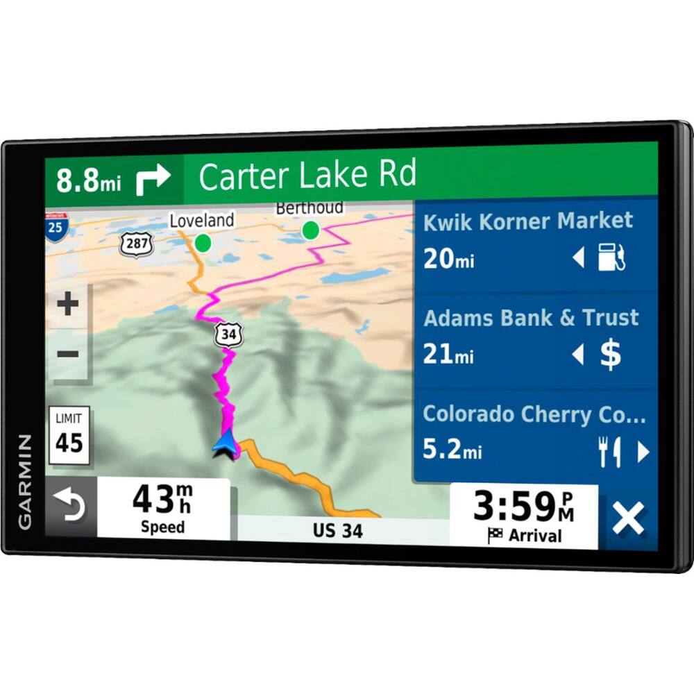 GARMIN  
8.8mi Carter Lake Rd  
Berthoud  
25 Loveland  
Kwik Korner Market 20mi  
Adams Bank & Trust 21mi  
Colorado Cherry Co... 5.2mi  
LIMIT 45  
43 m  
Speed 3:59 P M  
Arrival