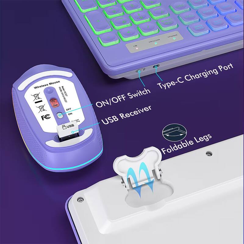 - Wireless Mouse
- ON/OFF Switch
- USB Receiver
- Type-C Charging Port
- Foldable Legs