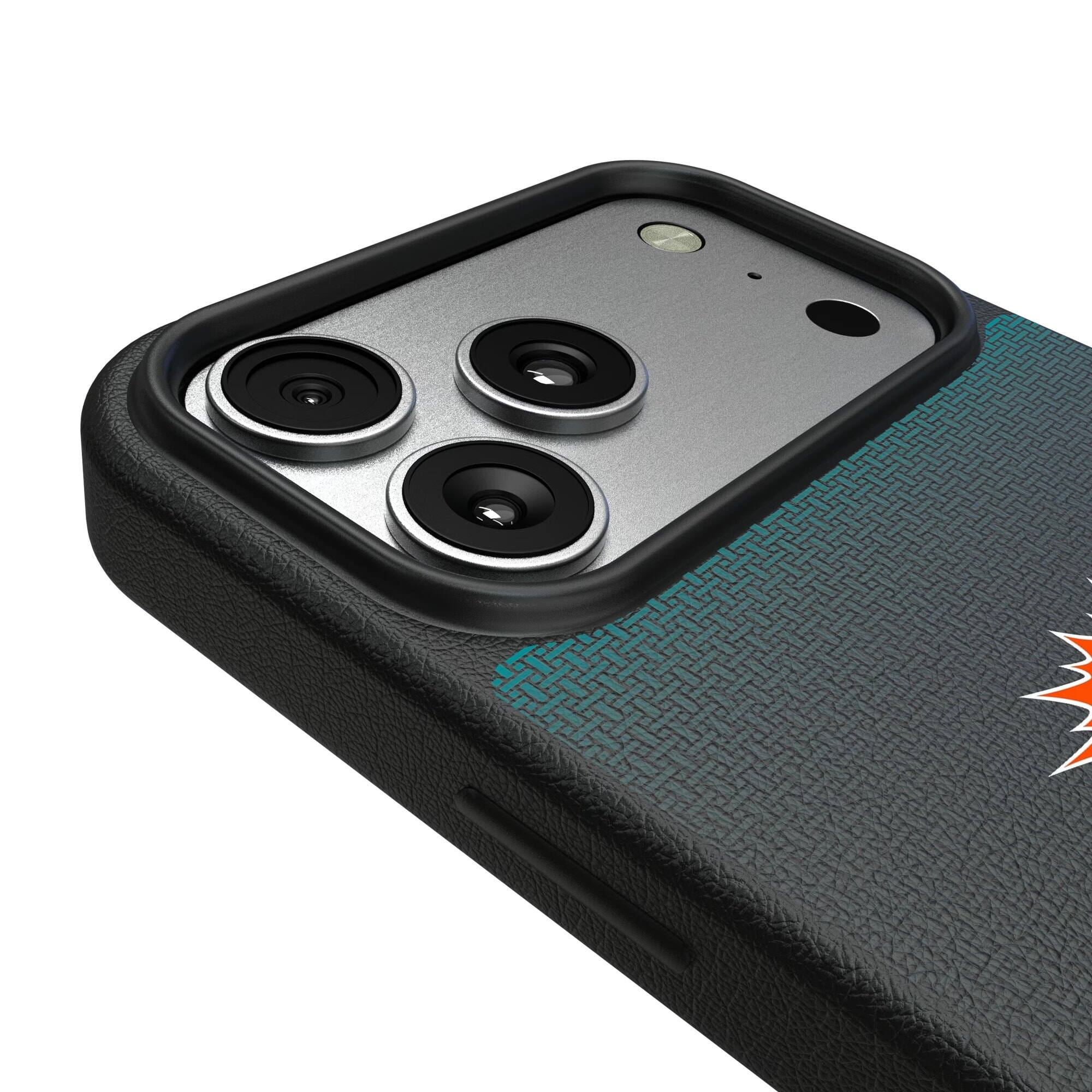 Alt View 2. Keyscaper - Miami Dolphins Linen Logo iPhone Magnetic Bump Case - 15 Pro Max - Black.