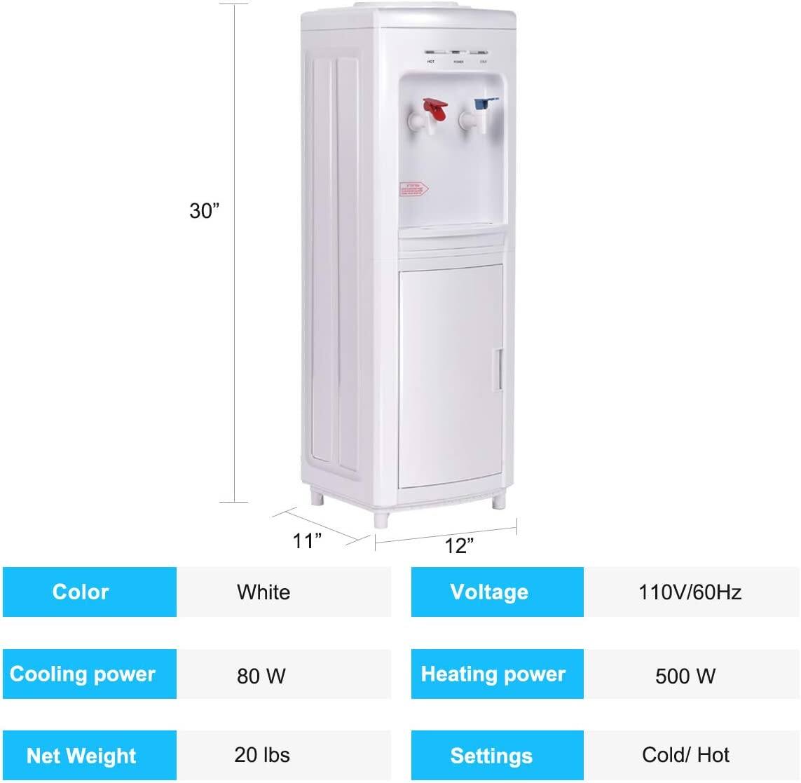 - **Dimensions:** 30" x 11" x 12"
- **Color:** White
- **Voltage:** 110V/60Hz
- **Cooling Power:** 80 W
- **Heating Power:** 500 W
- **Net Weight:** 20 lbs
- **Settings:** Cold/Hot