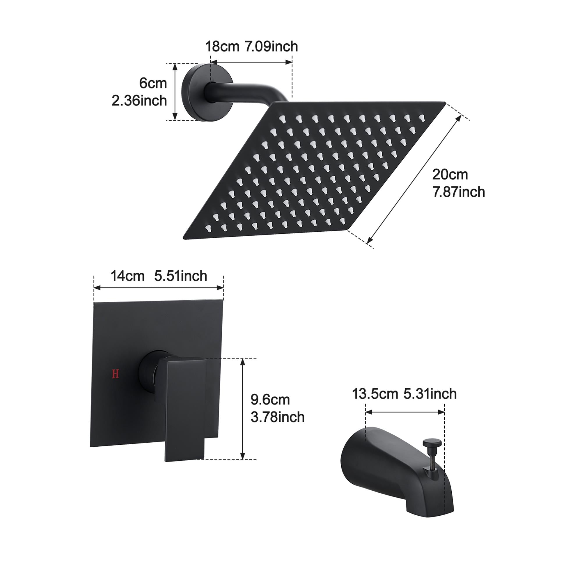 18cm 7.09inch  
6cm 2.36inch  
20cm 7.87inch  
14cm 5.51inch  
9.6cm 3.78inch  
13.5cm 5.31inch