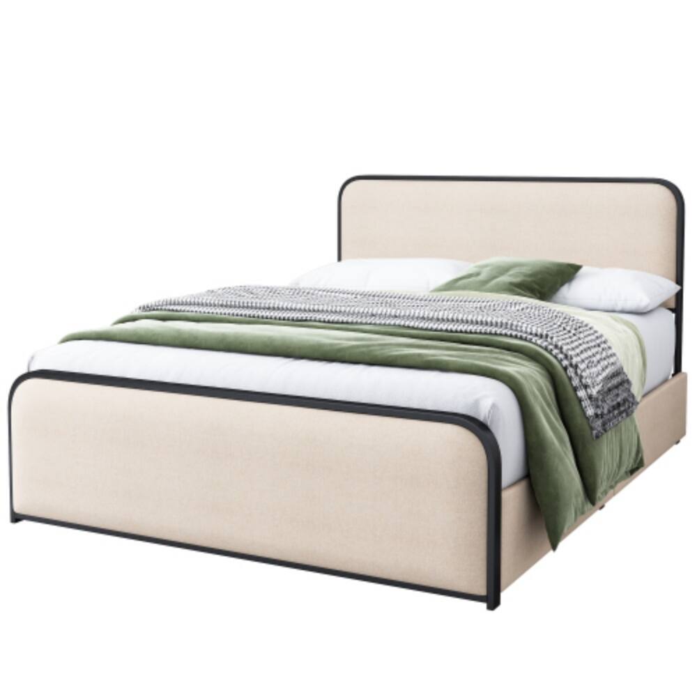 Alt View 3. LUCKY ONE - Queen Size Modern Metal Bed Frame with Curved Upholstered Headboard and Footboard, 4 Storage Drawers - Beige.