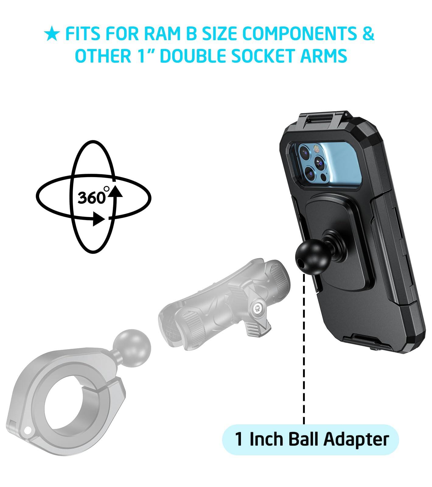 FITS FOR RAM B SIZE COMPONENTS & OTHER 1" DOUBLE SOCKET ARMS

360°

1 Inch Ball Adapter