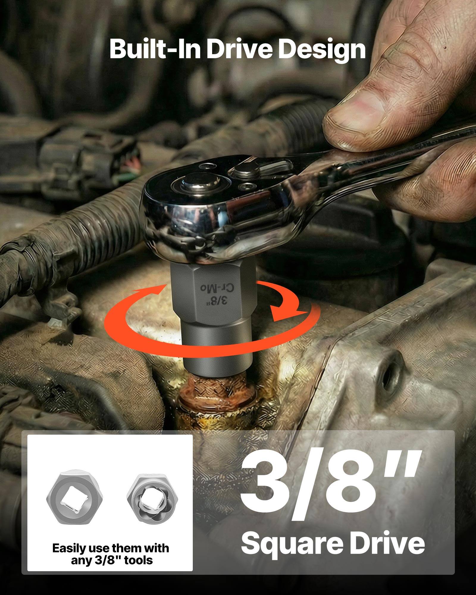 Built-In Drive Design

3/8" Square Drive

Easily use them with any 3/8" tools