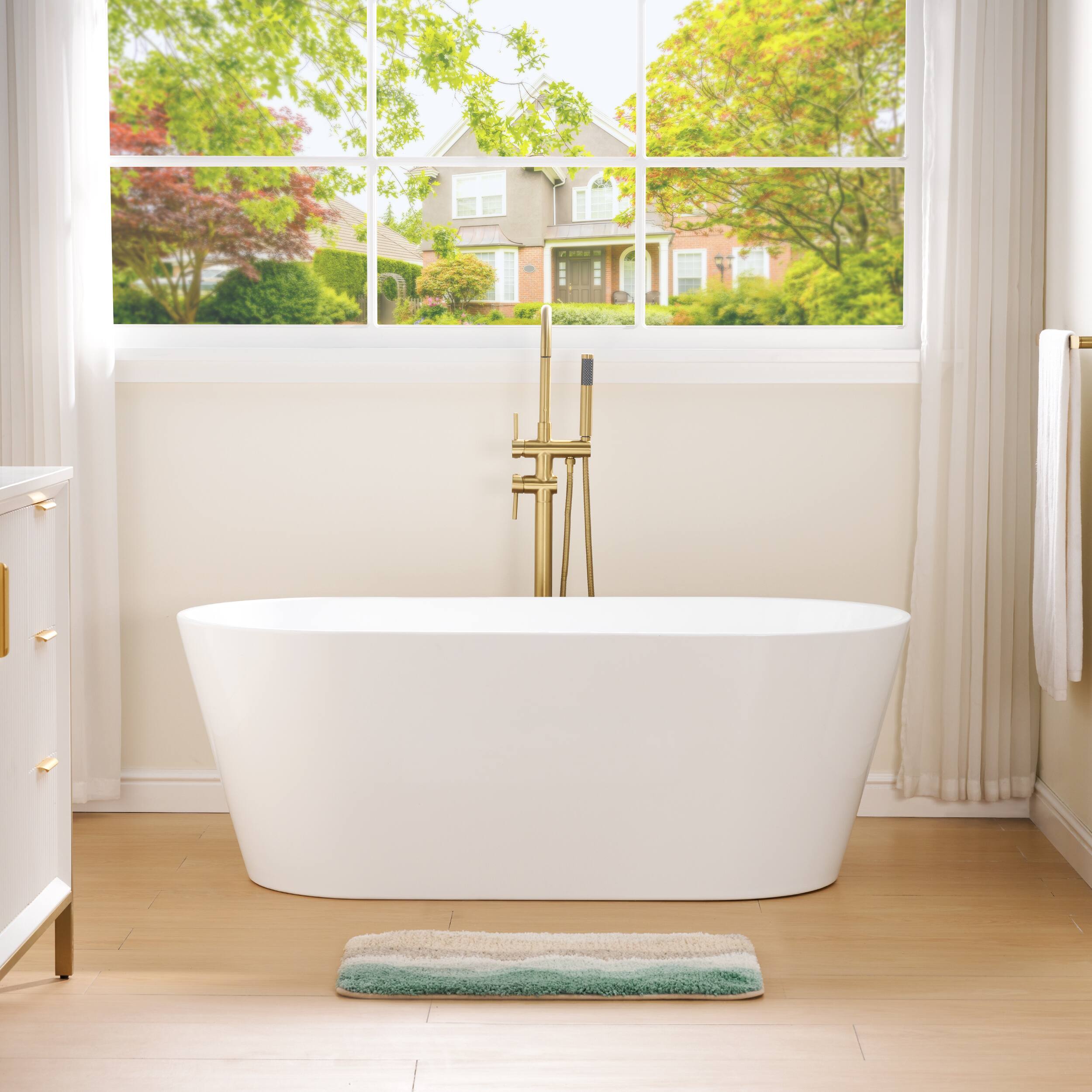 Front. WELLFOR - Divan 60 in. L x 29 in. W Acrylic Freestanding Double Ended Soaking Bathtub with Pop-up Drain ( Center Drain ) - White.