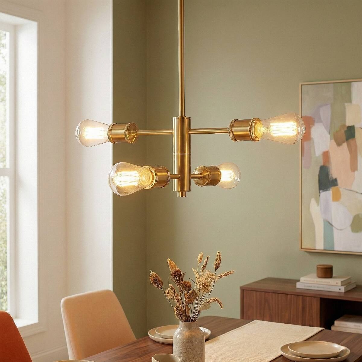 Angle. Loheer - Loheer Four Light Gold Chandelier, Modern Brass and Clear Glass Pendant for Dining Room.