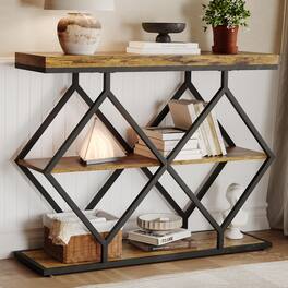 Qeetex - 3-Tier Industrial Entryway Table with Storage, Console Sofa Table with Open Shelves, Diamond-Shaped Metal Frame - Brown