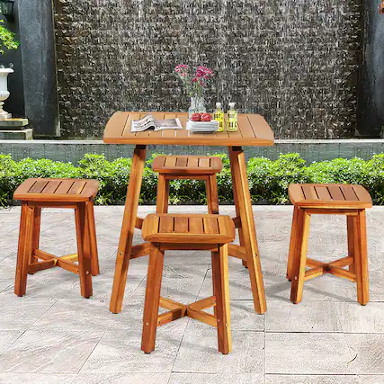 Front. Gymax - Gymax 5PCS Wooden Patio Dining Furniture Set Yard Outdoor w/ 4 Square Stools - Reddish Brown.