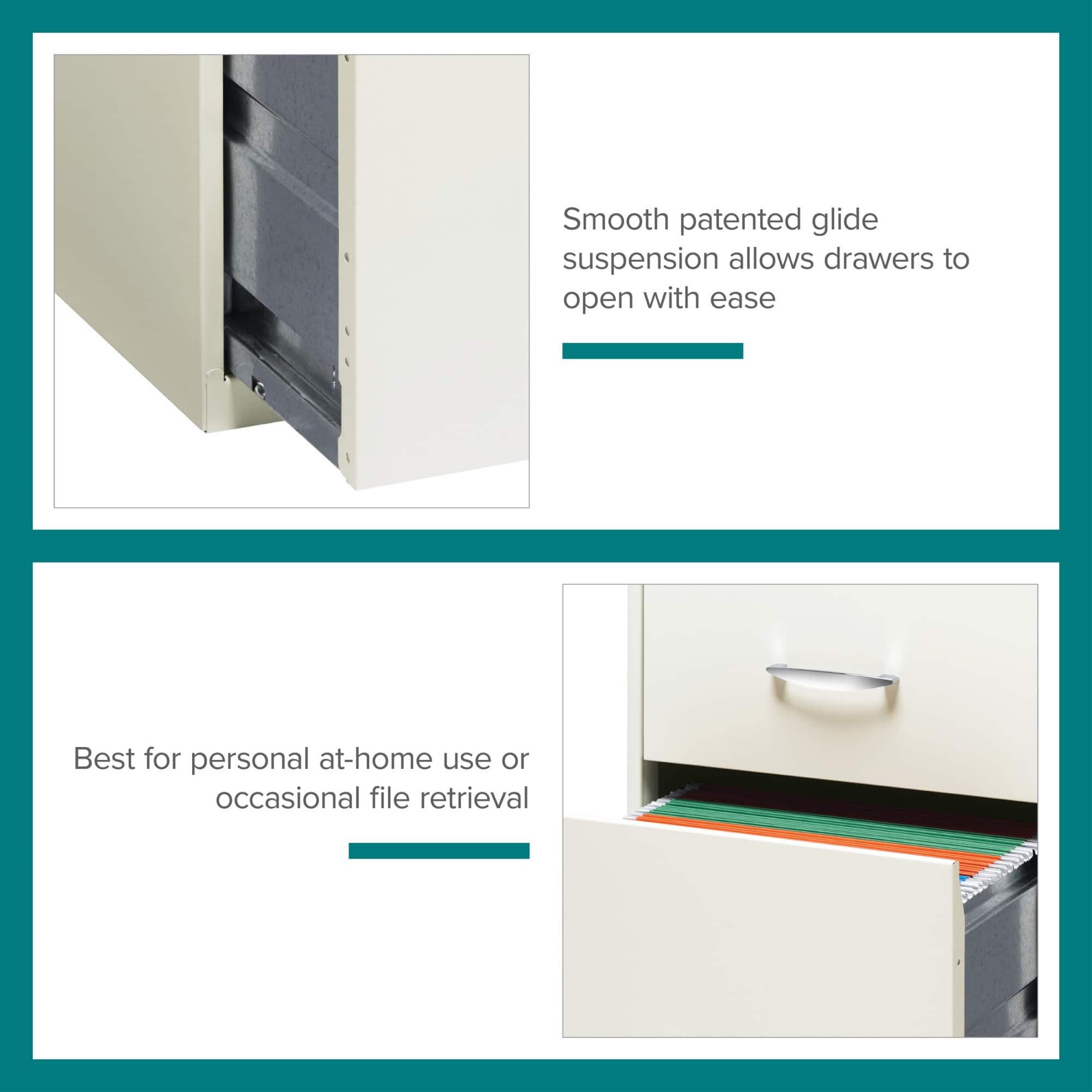 Smooth patented glide suspension allows drawers to open with ease. Best for personal at-home use or occasional file retrieval.
