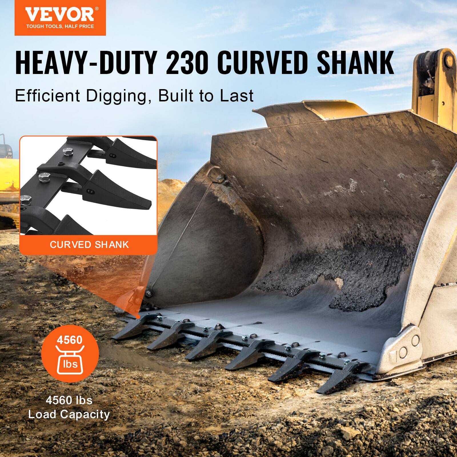 VEVOR  
TOUGH TOOLS, HALF PRICE  

HEAVY-DUTY 230 CURVED SHANK  
Efficient Digging, Built to Last  

CURVED SHANK  

4560 lbs  
Load Capacity