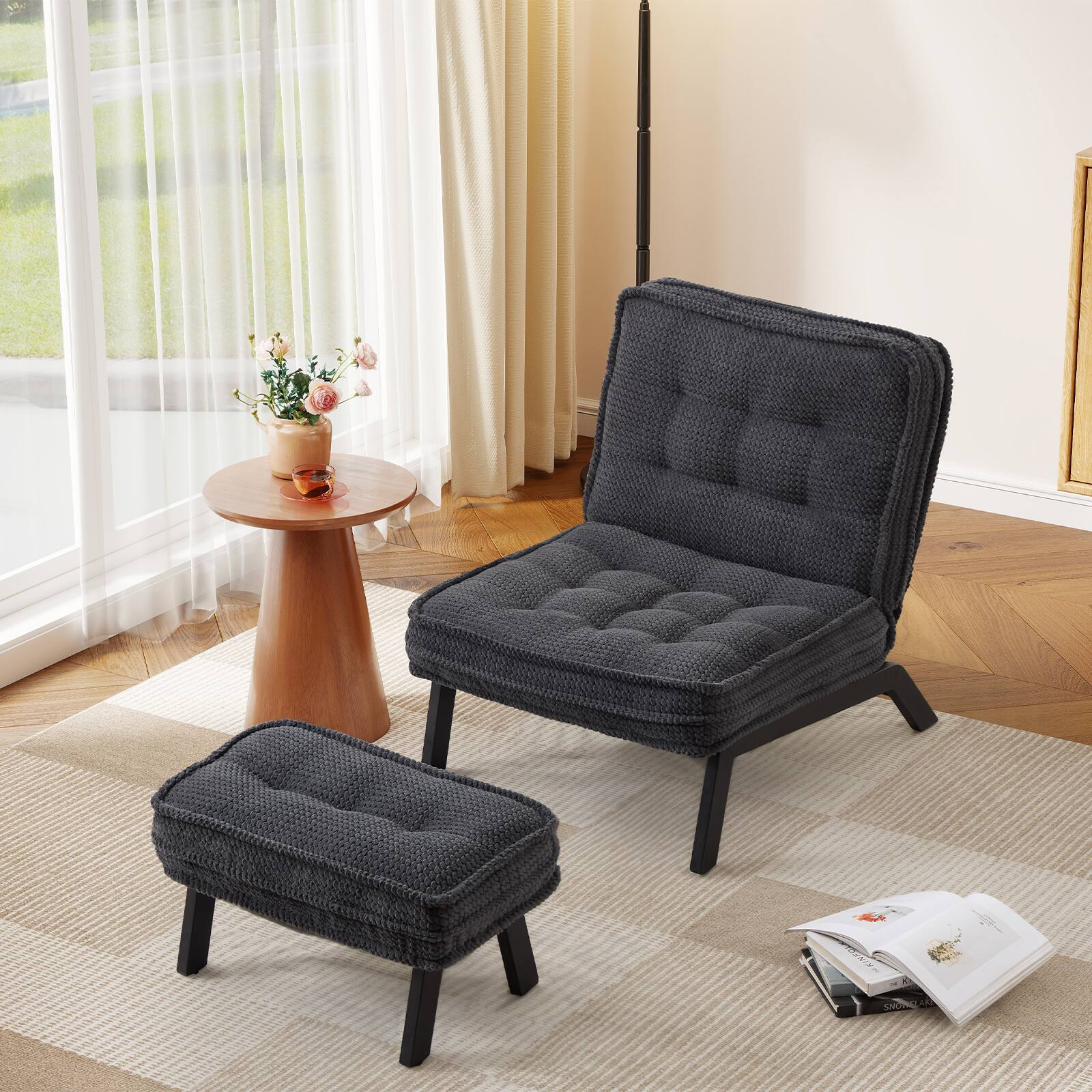 Back. Bestier - Accent Chair with Adjustable Backrest, Tufted Lounge Chair with Ottoman, Upholstered Reclining Chair for Reading Room - Dark Grey.