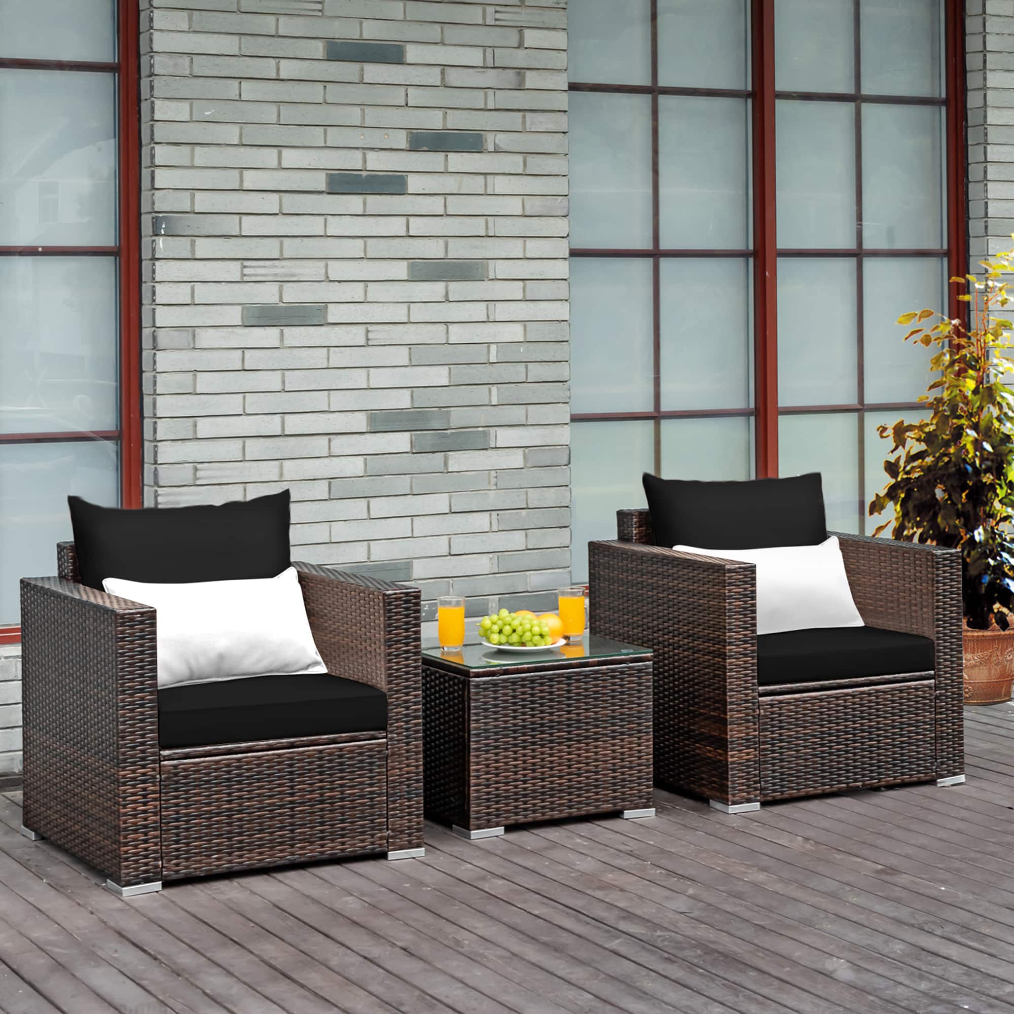 Gymax - 3PCS Rattan Patio Outdoor Conversation Furniture Set w/ Cushions - Black price history on PriceWatchPro