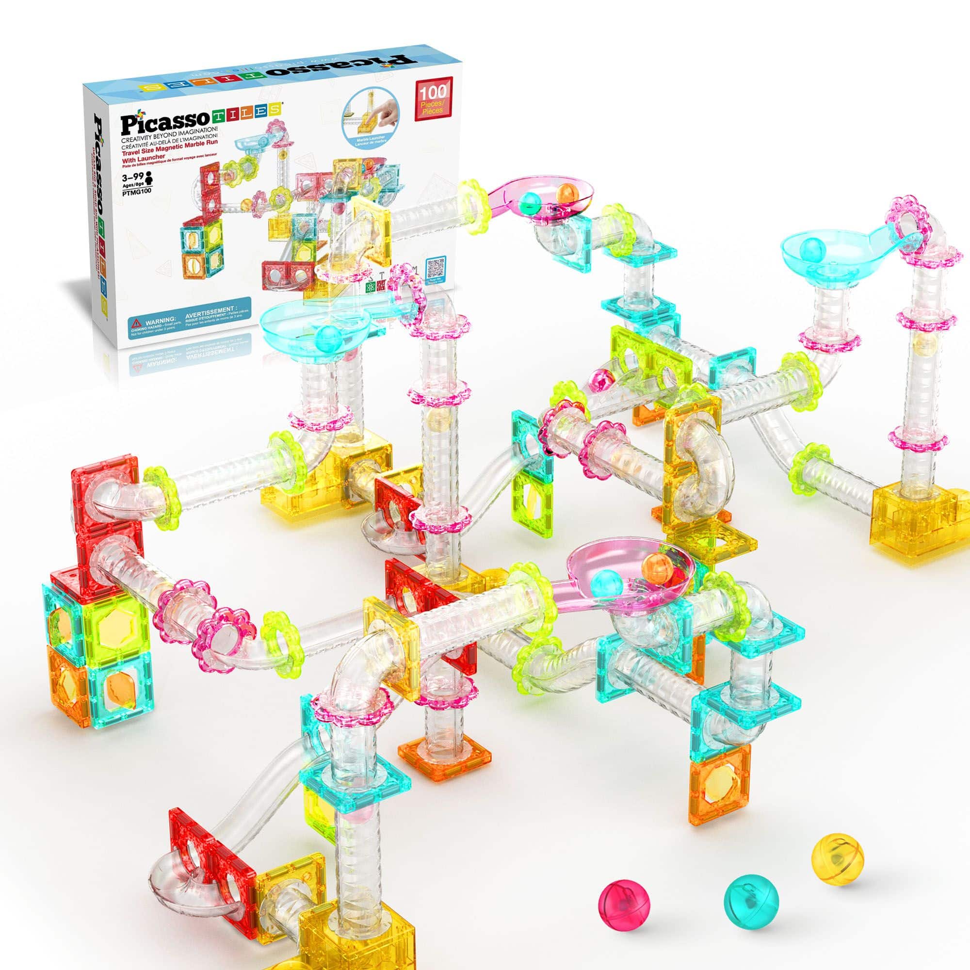 PicassoTiles - PICASSO-TILES Marble Run Magnetic Tiles for Kids, 100PCS, Mini Magnet Tiles Race Track Building Blocks STEM Toy - Multicolor