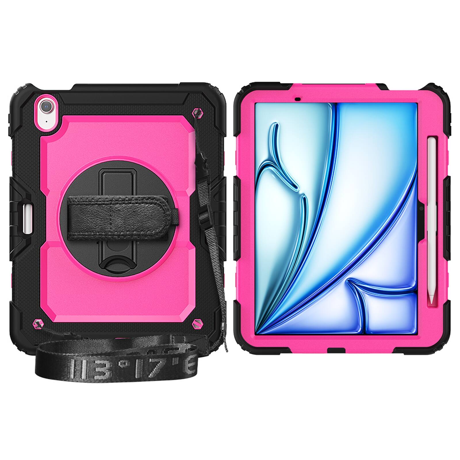Angle. UUCOVER - Full Body Case for iPad Air 13-inch M4/M3/M2 Shockproof Built-in Screen Protector Stand with Hand/Shoulder Strap Cover - Rose+Black.