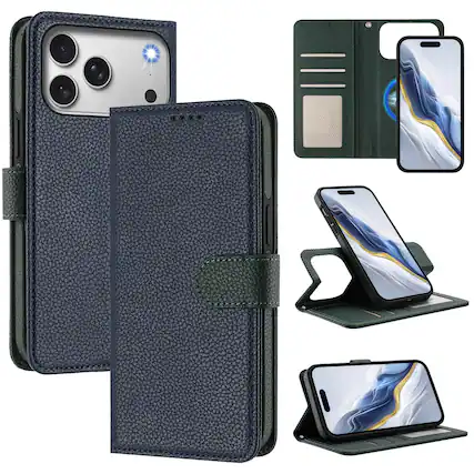 Front. Dteck - for Apple iPhone 17 Pro Max Magnetic Detachable Wallet Case,2-in-1 Folio Cover with Card Slots Wrist Strap & Kickstand - Blue.