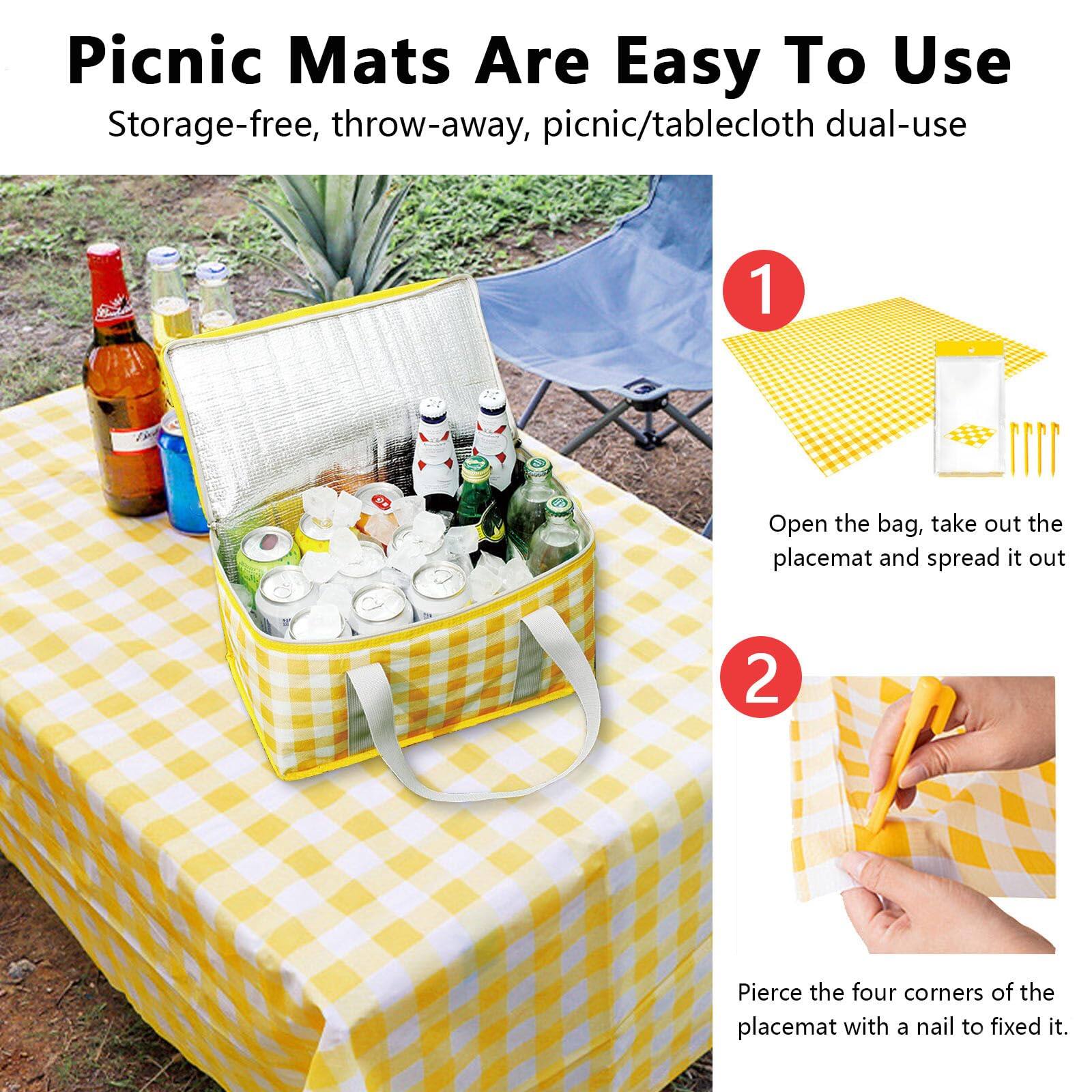 Picnic Mats Are Easy To Use  
Storage-free, throw-away, picnic/tablecloth dual-use  

1. Open the bag, take out the placemat and spread it out.  
2. Pierce the four corners of the placemat with a nail to fix it.