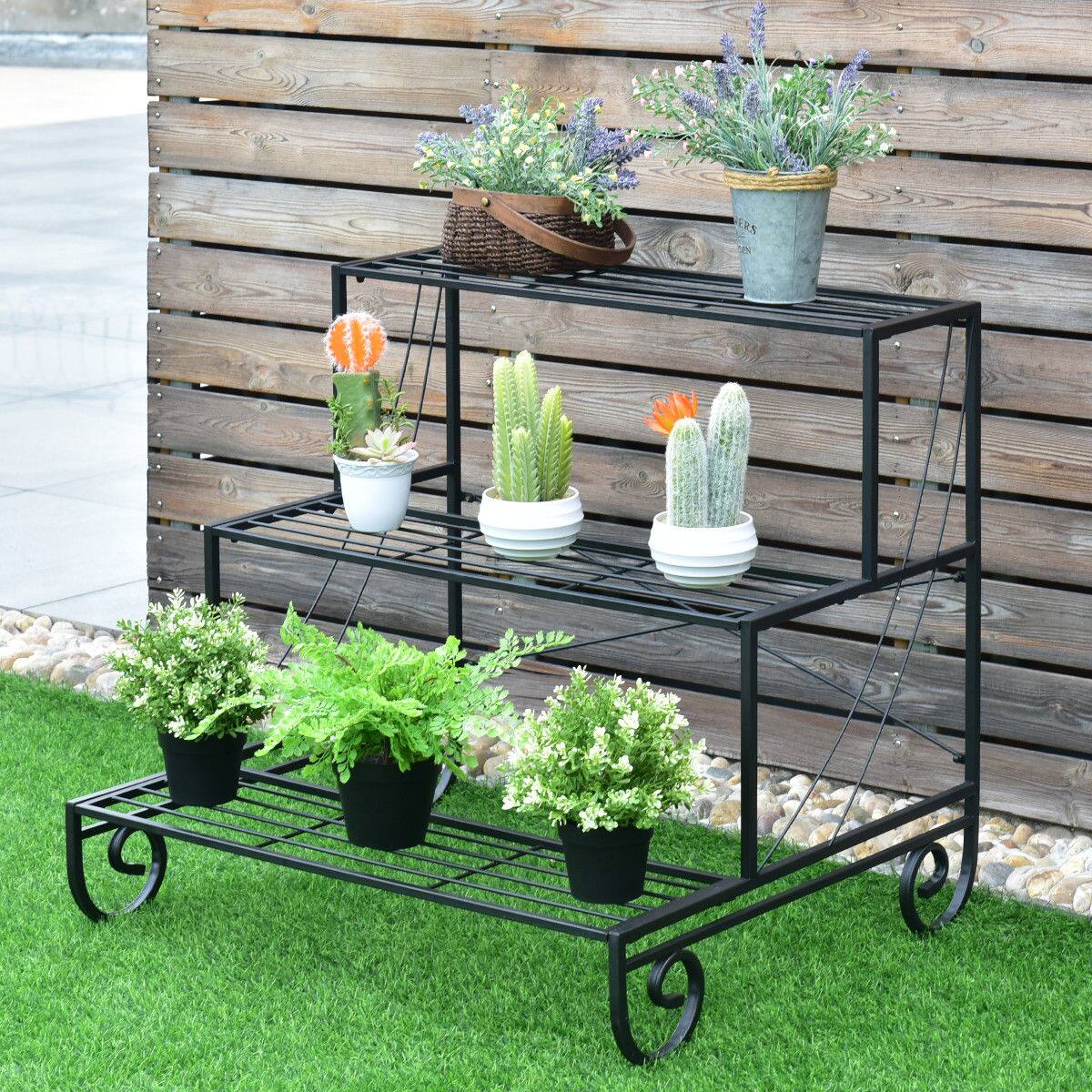 Alt View 10. Costway - 3 Tier Outdoor Metal Plant Stand Flower Planter Garden Display Holder Shelf Rack - Black.