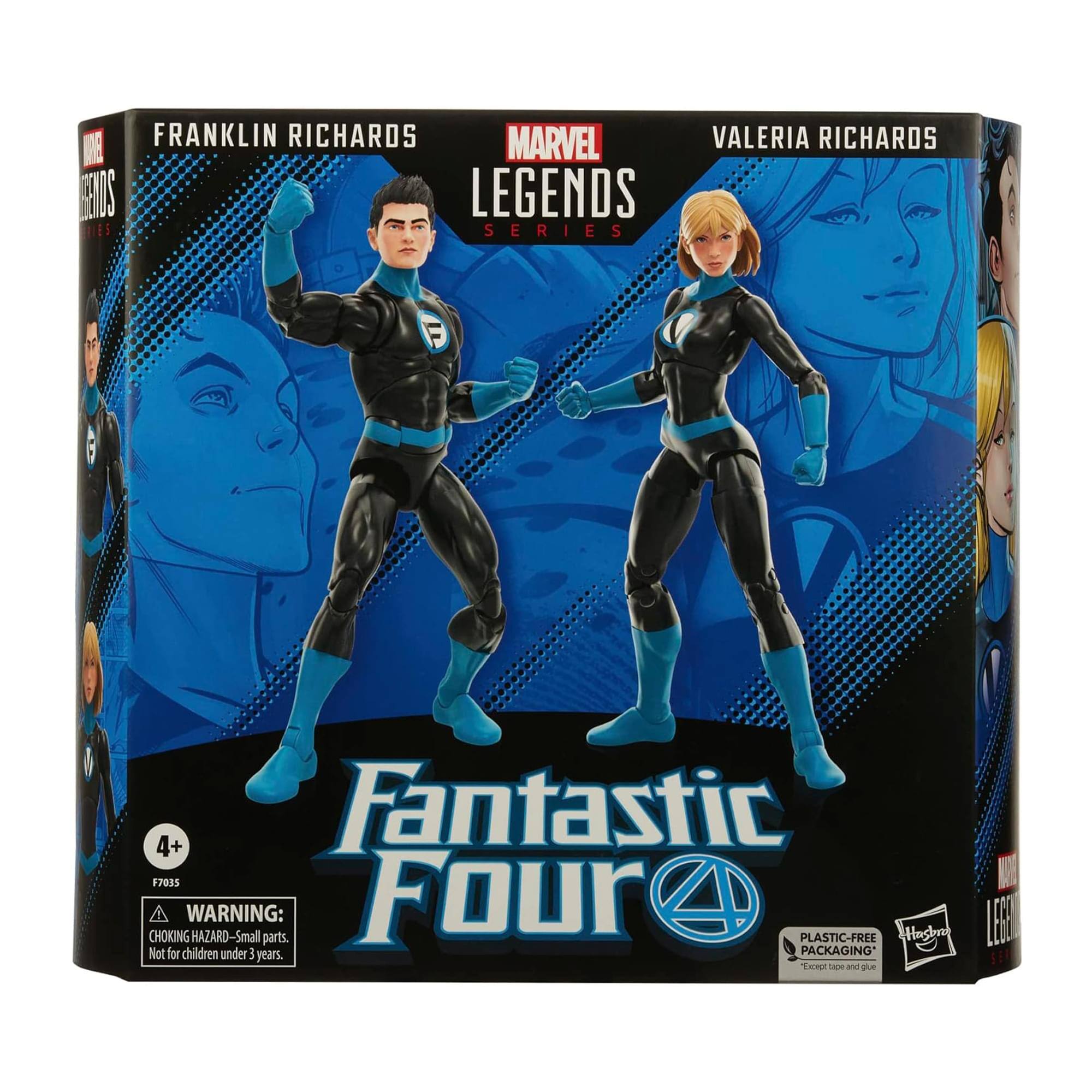 FRANKLIN RICHARDS  
MARVEL LEGENDS SERIES 4+  
Fantastic Four  

VALERIA RICHARDS  

WARNING: CHOKING HAZARD - Small parts. Not for children under 3 years.  

PLASTIC-FREE PACKAGING*  
*Except tape and glue  

F7035