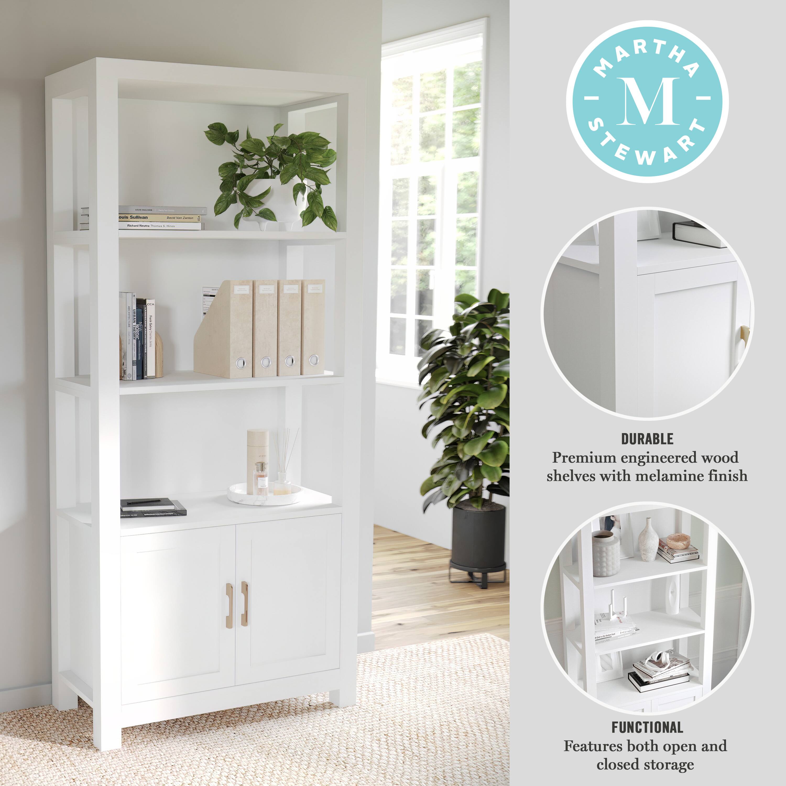 MARTHA STEWART: Durable premium engineered wood shelves with melamine finish. Functional features both open and closed storage.