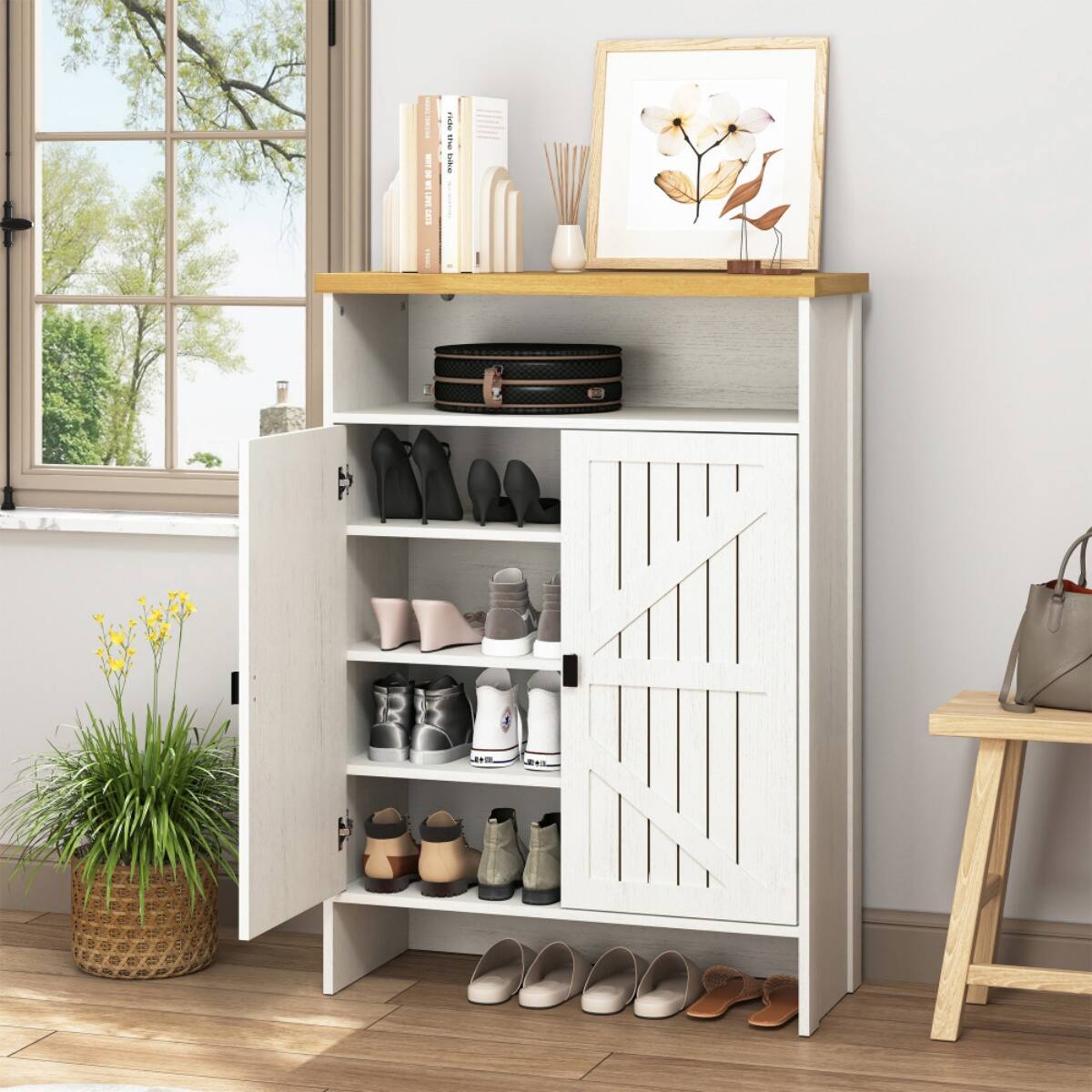 Left. HTUTWOO - Entryway Shoe Cabinet - 5-Tier Narrow Shoe Storage with 2 Doors & Open Shelves, Space-Saving,for Hallway, Apartment. - White.