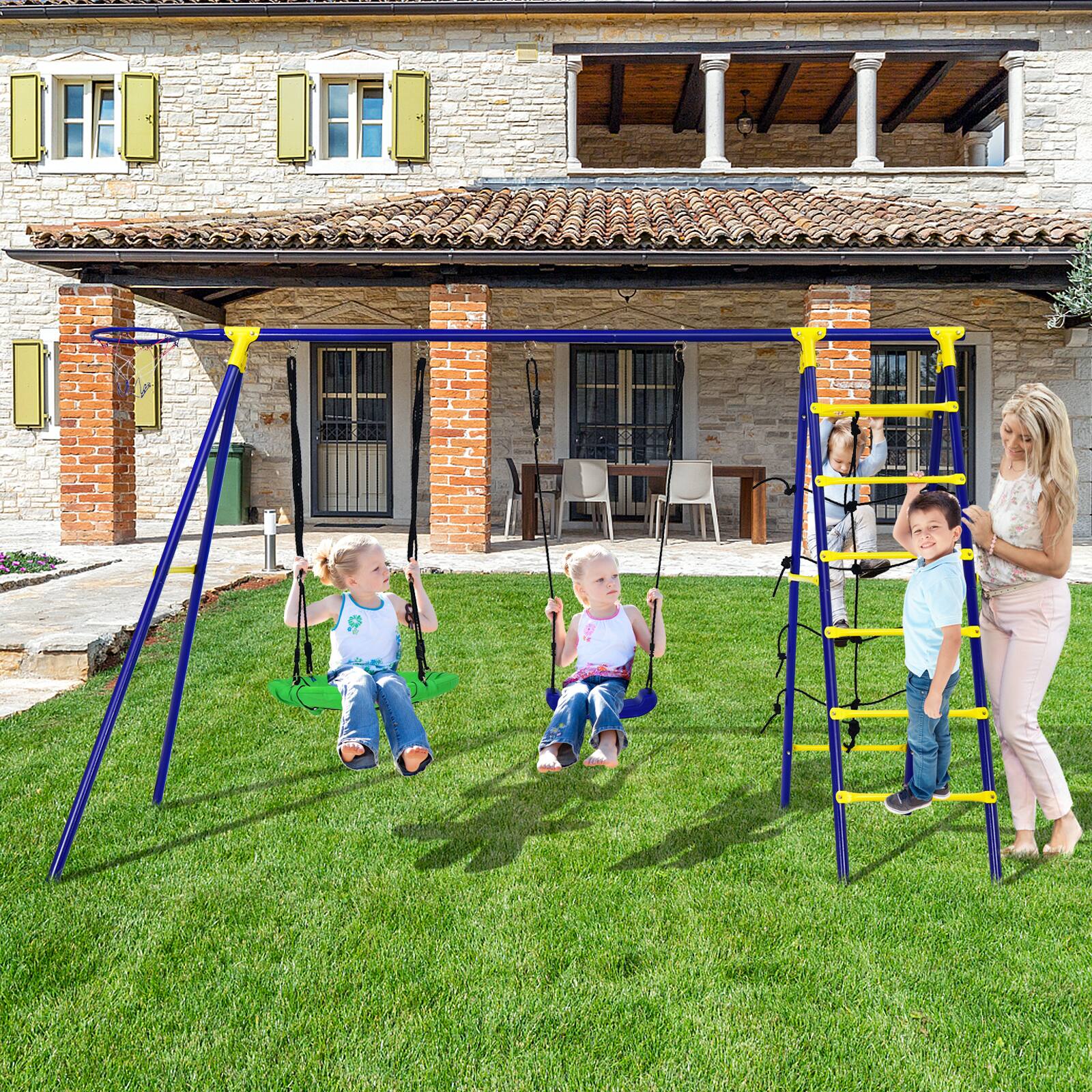 Alt View 1. Costway - Costway 5-In-1 Outdoor Kids Swing Set W/ Heavy Duty Swing Frame & Ground Stakes Backyard - Blue.