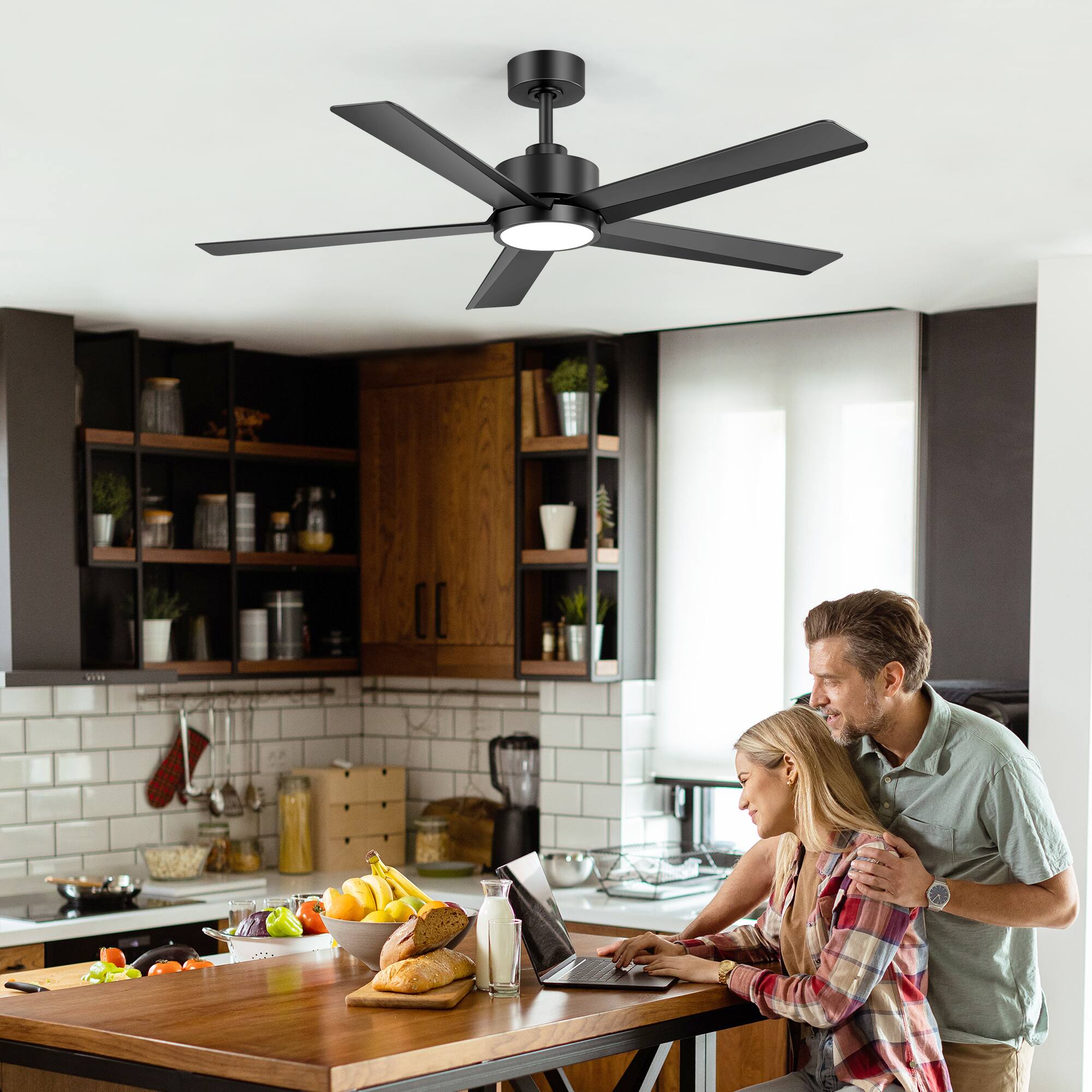 Alt View 4. Breezary - 52-Inch Indoor Modern Ceiling Fan with Integrated Light, DC Motor, 6-Speed Remote, 5 Blades, Includes 5" & 10" Downrods - Black (LED).