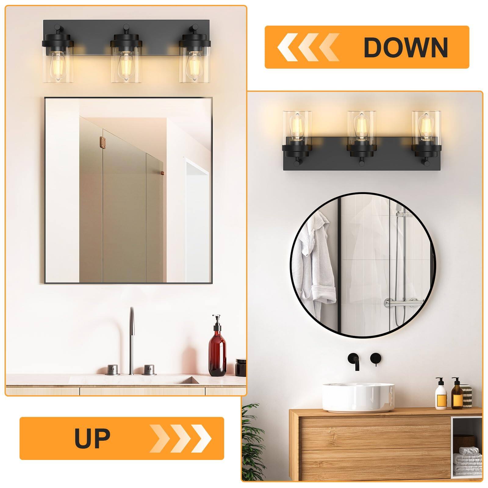 Alt View 5. Comfort Essence - Bathroom Vanity Light Fixture Inch Matte Fixtures Over Mirror With Clear Glass Shade Modern Farmhouse Light - Black - Clear Glass Shade 3-Light.