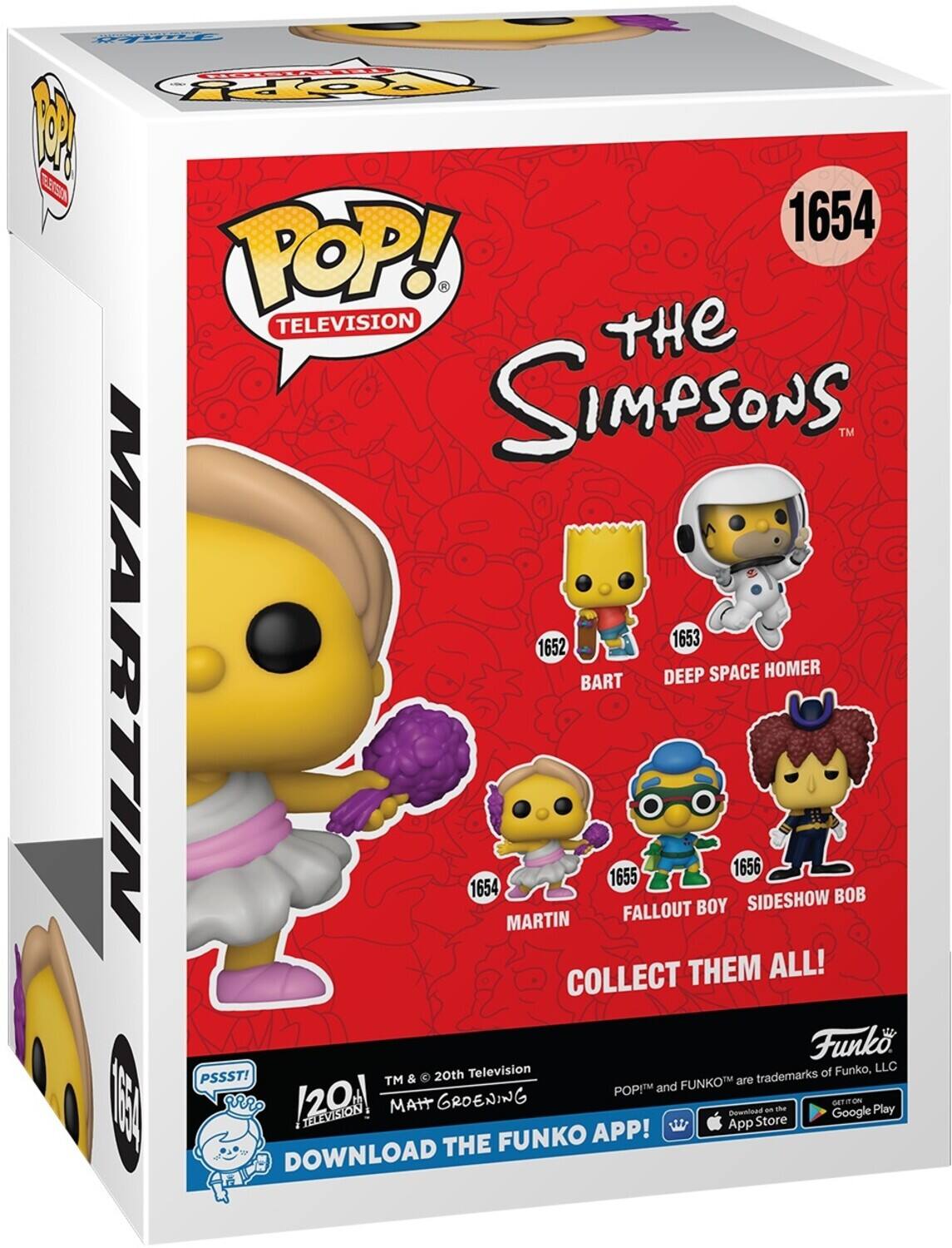 POP! TELEVISION, tHe SIMPSONS, TM, 1652, 1653, 1654, 1655, 1656, COLLECT THEM ALL!, Funko, Television of Funko, LLC, PSSST!, TM & 20th are trademarks POPIM and FUNKO, 120, MAIT GROENING, an the GTON Play TELEVISION, Bownload Google App Store, FUNKO APP!, DOWNLOAD THE