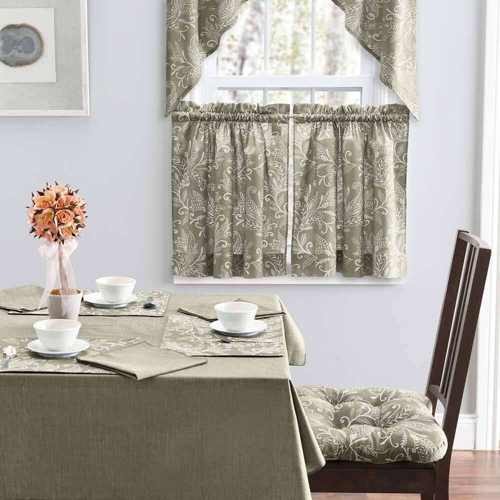 Left. Ellis Curtain - Ellis Curtain Lexington Leaf Pattern on Colored Ground Tailored Swags 56"x36" Sage - Sage.