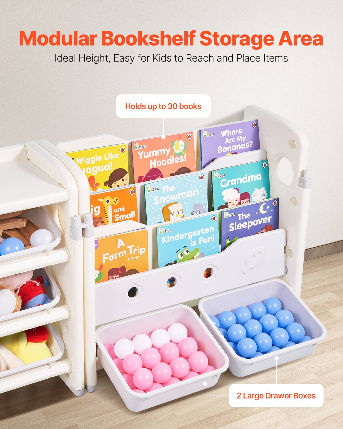 Modular Bookshelf Storage Area: Ideal Height, Easy for Kids to Reach and Place Items. Holds up to 30 books. 2 Large Drawer Boxes.