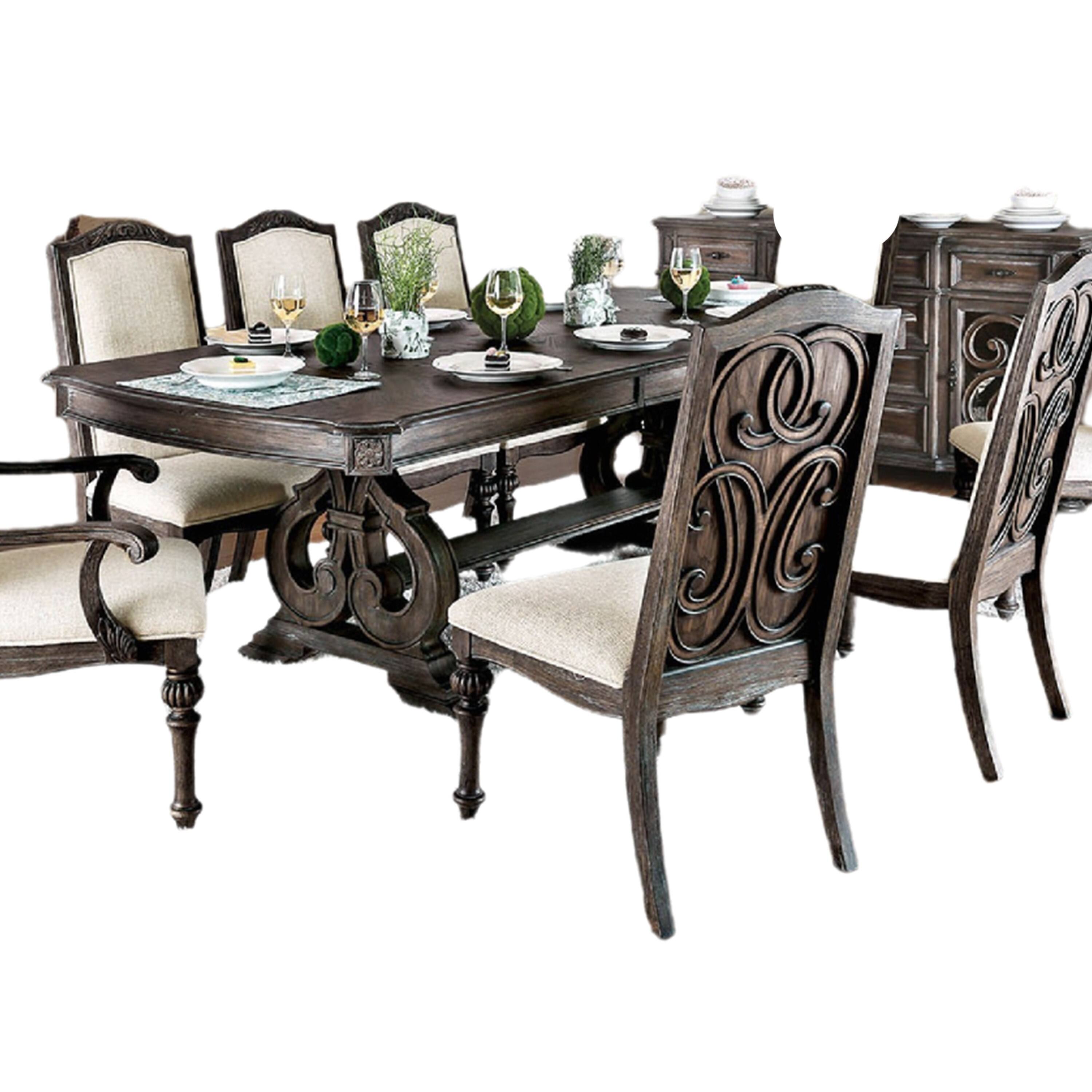 Alt View 1. Manhattan Lane - Arca 9pc Dining Table Set with 8 Ivory Fabric Chair, Rustic Solid Wood - Natural Brown, Ivory.